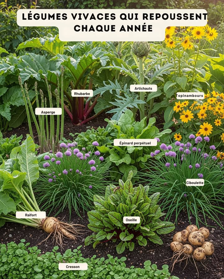 Plantez-les une seule fois et récoltez pendant des années  ces légumes robustes reviennent chaque saison, maintenant votre potager productif et plein de vie.

 Asperge  Jeunes pousses printanières qui produisent pendant des décennies.
 Rhubarbe  Tiges rouges acidulées idéales pour tartes et confitures.
 Artichaut  Grandes plantes ornementales aux bourgeons comestibles.
 Topinambour  Cousin du tournesol, racines au goût de noisette.
 Épinard perpétuel  Feuilles à couper qui repoussent tout au long de la saison.
 Ciboulette  Saveur douce doignon et fleurs mauves pour les pollinisateurs.
 Oseille  Feuilles citronnées parfaites pour salades et soupes.
 Raifort  Racines piquantes qui se propagent facilement une fois installées.
 Cresson  Feuillage poivré qui aime les sols humides ou les zones deau peu profonde.

 Astuce : Choisissez un endroit ensoleillé et bien drainé  la plupart de ces légumes vivaces deviennent plus forts chaque année lorsquon les divise tous les quelques saisons.