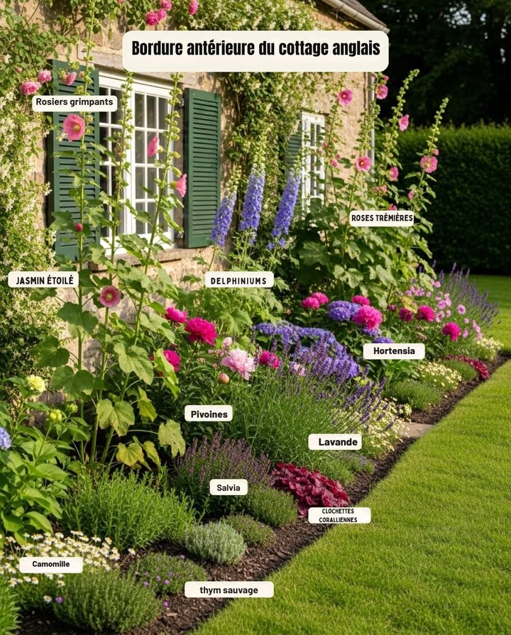 Un jardin de style cottage anglais se distingue par son charme naturel et sa profusion de fleurs.

Les rosiers grimpants et le jasmin étoilé ornent la façade en diffusant leur parfum délicat. Les roses trémières et les delphiniums ajoutent de la hauteur et de la couleur, tandis que les pivoines et les hortensias forment une masse florale généreuse.

À leurs pieds, la lavande, la salvia, le thym sauvage et la camomille créent une bordure parfumée qui attire les abeilles et papillons. Les clochettes coralliennes complètent lensemble avec une touche de légèreté.

Un équilibre parfait entre beauté, parfum et biodiversité, typique du jardin cottage anglais.