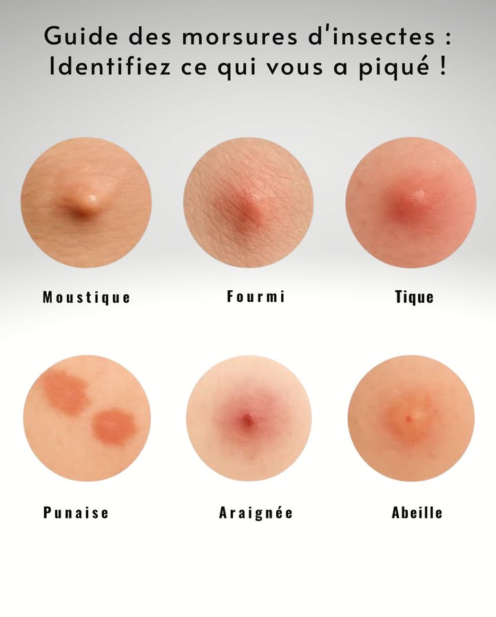 Identifier les piqûres : comment reconnaître les piqûres dinsectes courantes
Guide rapide pour les repérer, les traiter et rester en sécurité.

 Piqûre de moustique  Bouton gonflé, rouge clair et démangeant
 Piqûre de fourmi  Petit bouton rouge vif avec sensation de brûlure ; peut former une cloque
 Piqûre de tique  Rougeur avec centre sombre en  cible  ; surveiller lapparition de fièvre
 Piqûre de punaise de lit  Groupes de petits boutons rouges, souvent avec démangeaisons
 Piqûre daraignée  Centre rouge avec gonflement ; douloureux
 Piqûre dabeille  Gonflement avec point de piqûre visible ; retirer le dard

 Conseils de soin
 Éviter de gratter
 Laver à leau et au savon
 Appliquer un antihistaminique ou de lhydrocortisone
 Consulter un médecin en cas de fièvre ou de difficulté à respirer