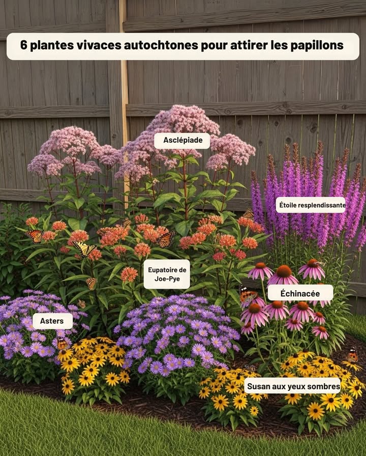 6 vivaces indigènes à planter cet automne
 Sauvez les papillons dès le printemps prochain !

 Asclépiade Asclepias  Plante hôte des chenilles de Monarque.
 Asters Symphyotrichum  Nectar tardif pour les papillons migrateurs.
 Eupatoire maculée Eutrochium  Grandes grappes nourrissant Monarques et Papillons tigrés.
 Liatris Liatris  Épis pourpres appréciés des papillons.
 Échinacée Echinacea  Source abondante de nectar pour de nombreuses espèces.
 Rudbeckie hérissée Rudbeckia  Fleurs éclatantes prisées par les Vanesses et Hespéries.

 Plantez une fois  Fleurit chaque année  Nourrit les pollinisateurs