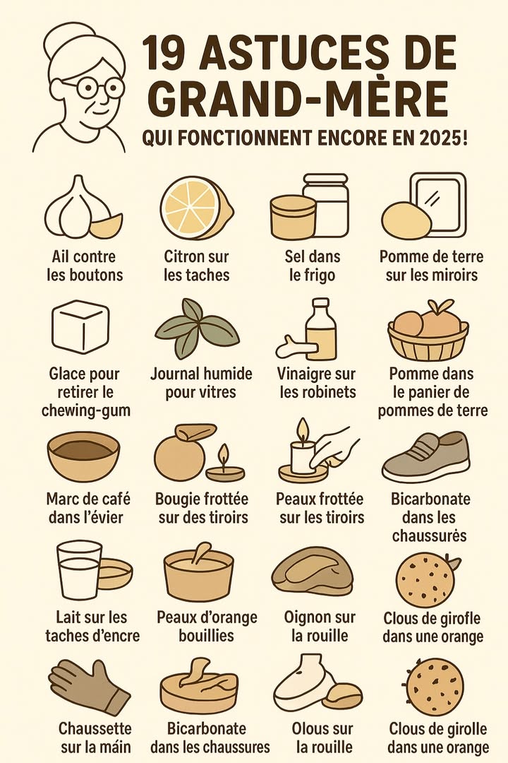 19 Astuces de Grand-Mère Qui Fonctionnent Encore en 2025

Les remèdes de grand-mère traversent les générations sans prendre une ride ! Simples, économiques et naturels, ils prouvent quon na pas toujours besoin de produits chimiques pour régler les petits tracas du quotidien. Voici 19 astuces intemporelles qui fonctionnent encore parfaitement en 2025.

 Pour la beauté et la santé

Ail contre les boutons
Lail a des propriétés antibactériennes puissantes. Appliquez une fine tranche sur le bouton pour accélérer la disparition.

Citron sur les taches
Le jus de citron éclaircit naturellement les taches de la peau ou les taches sur les vêtements.

Glace pour retirer le chewing-gum
Frottez un glaçon sur le chewing-gum afin de le durcir, puis retirez-le facilement.

Lait sur les taches dencre
Trempez le tissu taché dencre dans du lait chaud avant le lavage.

Peaux dorange bouillies
Leur parfum chasse les mauvaises odeurs dans la maison et purifie lair.

什 Pour lentretien de la maison

Sel dans le frigo
Un petit bol de sel absorbe les mauvaises odeurs et garde le frigo frais.

Pomme de terre sur les miroirs
Passez une moitié de pomme de terre sur le miroir pour éviter la buée.

Vinaigre sur les robinets
Le vinaigre blanc élimine le calcaire et fait briller les surfaces.

Marc de café dans lévier
Il nettoie les canalisations et neutralise les mauvaises odeurs.

Bougie frottée sur les tiroirs
Si un tiroir coince, frottez une bougie sur les rails : il glissera à nouveau comme neuf.

Peaux frottées sur les tiroirs
Les pelures dagrumes parfument le bois et éloignent les petits insectes.

 Pour les vêtements et chaussures

Bicarbonate dans les chaussures
Il absorbe lhumidité et neutralise les odeurs.

Chaussette sur la main
Utilisez une vieille chaussette pour dépoussiérer vos meubles facilement.

暈 Pour la cuisine et les aliments

Pomme dans le panier de pommes de terre
Elle empêche les pommes de terre de germer trop vite.

Oignon sur la rouille
Un oignon coupé en deux frotte efficacement la rouille sur les ustensiles métalliques.

Clous de girofle dans une orange
Ce duo naturel repousse les moustiques et parfume la maison.

林 Pour lentretien général

Journal humide pour vitres
Remplace les chiffons : un vieux journal humide nettoie et fait briller les vitres sans laisser de traces.

Bicarbonate dans les chaussures
À refaire régulièrement pour garder vos chaussures fraîches.

Sel et vinaigre, duo magique
Ensemble, ils désinfectent, détartrent et redonnent de léclat à presque toutes les surfaces.

 En conclusion

Les astuces de grand-mère ne sont pas de vieilles légendes : ce sont de véritables trésors dingéniosité !
Avec un peu de sel, de vinaigre et de bon sens, on peut entretenir sa maison, se soigner légèrement et préserver la planète  tout ça sans dépenser une fortune.

#fblifestyle