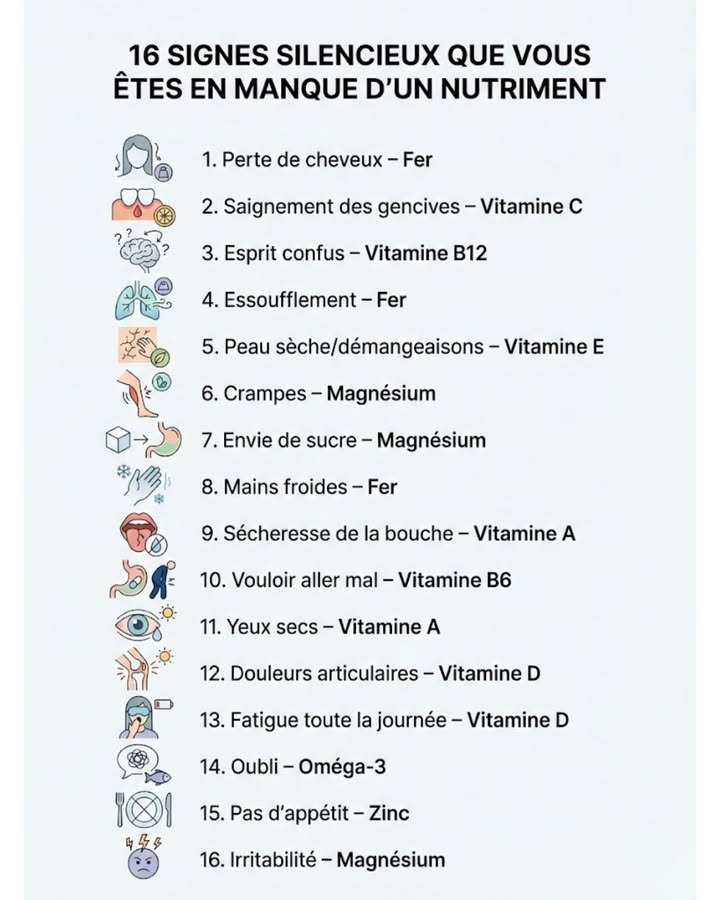 Signes subtils de carences nutritionnelles à surveiller 

1 Perte de cheveux: souvent due à un manque de fer.
2 Gencives qui saignent: signe dun faible apport en vitamine C.
3 Confusion mentale: peut indiquer un déficit en vitamine B12.
4 Essoufflement: possible en cas de manque de fer.
5 Peau sèche ou irritée: liée à une carence en vitamine E.
6 Crampes: souvent causées par un manque de magnésium.
7 Envie de sucre: autre signe de déficit en magnésium.
8 Mains et pieds froids: peuvent signaler une carence en fer.
9 Bouche sèche: observée avec de faibles niveaux de vitamine A.
 Picotements: liés à un manque de vitamine B12.
11 Fatigue et baisse de moral: indiquent un déficit en vitamine B6.
12 Yeux secs: souvent associés à un manque de vitamine A.
13 Fatigue persistante: fréquemment observée en cas de déficit en vitamine D.
14 Oublis: peuvent survenir avec de faibles niveaux doméga-3.
15 Perte dappétit: liée à une carence en zinc.
16 Irritabilité: courante lors dun manque de magnésium.

Un apport suffisant en vitamines et minéraux est essentiel pour un corps équilibré et en bonne santé.

#fblifestyle #santé #nutrition #carences