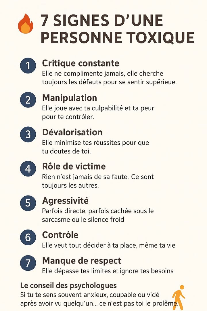 7 signes dune personne toxique  et comment sen protéger

Dans la vie personnelle comme professionnelle, certaines personnes peuvent nuire à notre bien-être émotionnel. Sans forcément sen rendre compte, elles épuisent notre énergie et minent notre confiance. Apprendre à reconnaître les signes dune personne toxique est une étape essentielle pour préserver sa santé mentale et émotionnelle.

1. La critique constante

Une personne toxique trouve rarement du positif chez les autres. Elle critique sans cesse, souligne les défauts et minimise les qualités pour se sentir supérieure. Cette attitude répétée peut fragiliser lestime de soi de son entourage.

2. La manipulation

Elle utilise la culpabilité, le chantage affectif ou la peur pour obtenir ce quelle veut. Sous des airs bienveillants, elle parvient à contrôler subtilement les autres et à imposer ses décisions.

3. La dévalorisation

Quand tu réussis quelque chose, elle minimise tes efforts ou ton mérite. Ce comportement tamène à douter de toi et à chercher sans cesse sa validation.

4. Le rôle de victime

Rien nest jamais de sa faute. Elle se présente toujours comme la victime des circonstances ou des autres, refusant toute remise en question.

5. Lagressivité

Elle peut se montrer agressive, parfois ouvertement, parfois de manière passive : sarcasmes, silence froid ou remarques blessantes déguisées en humour.

6. Le besoin de contrôle

Elle veut décider pour toi  de tes choix, de tes fréquentations, de ton emploi du temps. Ce besoin de domination traduit souvent une insécurité profonde.

7. Le manque de respect

Elle franchit régulièrement tes limites, ignore tes besoins et ne respecte pas ton espace personnel ou émotionnel.

 Le conseil des psychologues

Si tu te sens souvent épuisé, anxieux ou coupable après avoir vu une personne, il est probable que cette relation soit toxique.
Tu nes pas le problème : cest la dynamique relationnelle qui lest.
#fblifestyle