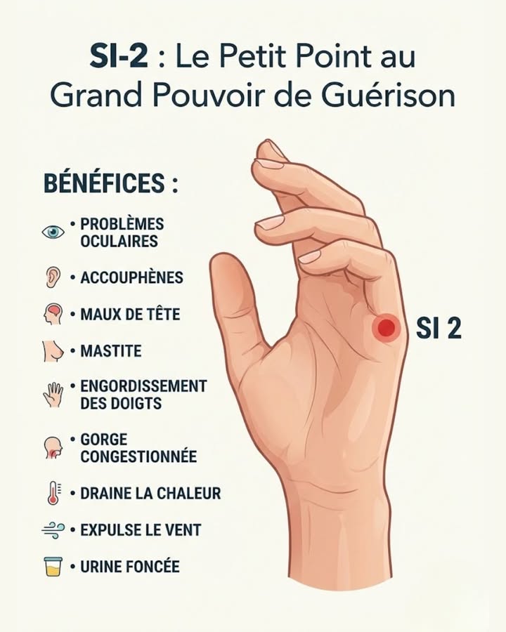 Le point dacupression SI-2 est puissant pour soulager divers maux. Situé près de la base de lauriculaire, il est réputé pour ses bienfaits curatifs, notamment pour les problèmes oculaires, les maux de tête et la congestion de la gorge. Stimuler ce point aide à réduire la tension, favorise une meilleure circulation et encourage la relaxation dans tout le corps.

En plus de traiter les problèmes oculaires et les maux de tête, SI-2 améliore la circulation de lénergie dans le corps. Il peut aider avec des symptômes tels que lengourdissement des doigts, les acouphènes et même la mastite. Ce point minuscule a un impact important sur la santé globale, ce qui en fait un outil simple mais efficace dans les pratiques de guérison holistiques.

Intégrez lacupression à votre routine de soins personnels en appuyant doucement sur le point SI-2. Cette pratique de guérison complète le yoga et la méditation, offrant un moyen naturel de relâcher les tensions et dencourager un sentiment de calme.

#fblifestyle #acupression #bienetre #sante