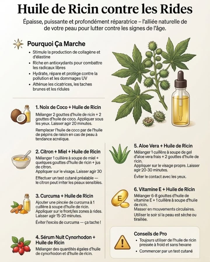 Lhuile de ricin, votre arme secrète anti-âge ! Découvrez des recettes naturelles pour atténuer les rides et retrouver une peau éclatante. 

#fblifestyle #huiledericin #soinnaturel #antirides