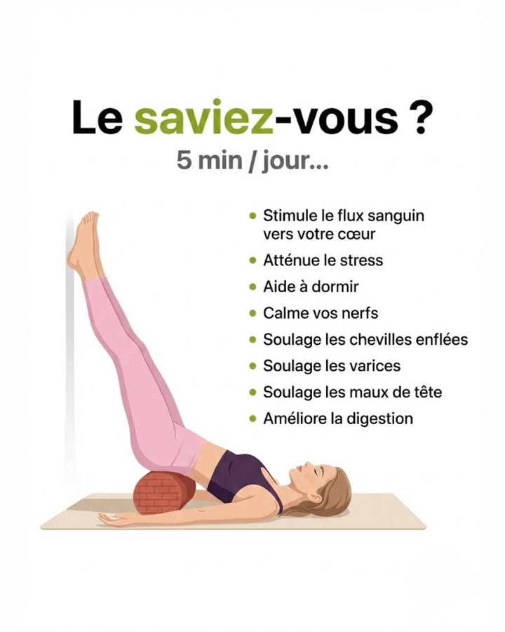 Le saviez-vous ? 5 minutes par jour de cette position peuvent stimuler votre circulation, réduire le stress et améliorer votre digestion ! Un geste simple pour un bien-être optimal. 律

#fblifestyle #bienetre #sante #astuces