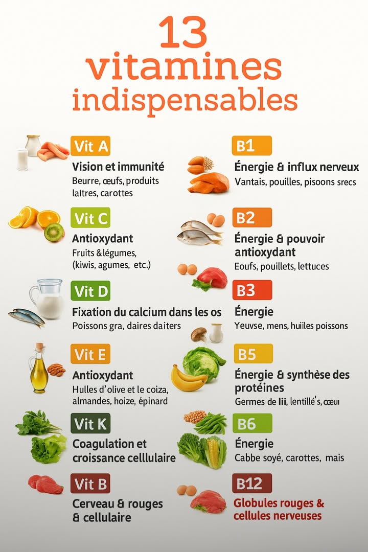 Les 13 vitamines indispensables à notre santé

Les vitamines sont de véritables alliées du corps humain. Indispensables mais non produites en quantité suffisante par lorganisme, elles doivent être apportées chaque jour par une alimentation variée et équilibrée. Voici un tour dhorizon des 13 vitamines essentielles et de leurs bienfaits.

凌 Vitamine A  Vision et immunité

Présente dans le beurre, les œufs, les produits laitiers, les carottes et les légumes à feuilles vertes, la vitamine A favorise la bonne vision, surtout nocturne, et renforce le système immunitaire. Elle contribue aussi à la santé de la peau et des muqueuses.

 Vitamines du groupe B  Énergie et vitalité

Les vitamines B sont un ensemble de huit vitamines complémentaires, essentielles pour le métabolisme et le bon fonctionnement du système nerveux.

B1 thiamine : transforme les glucides en énergie et soutient les influx nerveux. On la trouve dans les viandes, volailles, poissons et légumineuses.

B2 riboflavine : intervient dans la production dénergie et la protection des cellules. Présente dans les œufs, poissons et produits laitiers.

B3 niacine : stimule la circulation et aide à la production dénergie. Sources : levure, viande, poisson.

B5 acide pantothénique : favorise la synthèse des protéines et la santé nerveuse. Présente dans les champignons, poissons et produits laitiers.

B6 pyridoxine : participe à la fabrication des protéines et des globules rouges. On la retrouve dans les céréales complètes, légumineuses et légumes verts.

B8 biotine : contribue à la beauté des cheveux, des ongles et de la peau. Œufs, soja et haricots en sont de bonnes sources.

B9 acide folique : essentielle à la formation des cellules et au développement du fœtus. On la trouve dans les légumes verts, maïs et pois chiches.

B12 cobalamine : joue un rôle clé dans la formation des globules rouges et le bon fonctionnement du système nerveux. Présente uniquement dans les produits dorigine animale viande, œufs, poissons.

 Vitamine C  Antioxydant et défense immunitaire

Véritable bouclier cellulaire, la vitamine C protège les cellules contre le stress oxydatif, renforce les défenses naturelles et favorise labsorption du fer. On la trouve dans les fruits et légumes frais, notamment les kiwis, oranges et agrumes.

拏 Vitamine D  Force des os et du système immunitaire

Synthétisée sous leffet du soleil, la vitamine D aide à la fixation du calcium et du phosphore sur les os. Elle est également présente dans les poissons gras saumon, sardine et les produits laitiers.

㮝 Vitamine E  Antioxydant et protection cellulaire

La vitamine E protège les membranes cellulaires et lutte contre le vieillissement prématuré. On la trouve dans les huiles végétales olive, colza, les amandes, les noisettes et les épinards.

塞 Vitamine K  Coagulation et croissance cellulaire

Essentielle à la coagulation du sang et à la solidité des os, la vitamine K se trouve dans le persil, les épinards, la laitue et le chou vert.

 En résumé

Chaque vitamine a un rôle unique mais toutes sont interdépendantes. Une alimentation variée, riche en fruits, légumes, céréales complètes, œufs, poissons et produits laitiers, est la clé pour couvrir nos besoins quotidiens.

#fblifestyle