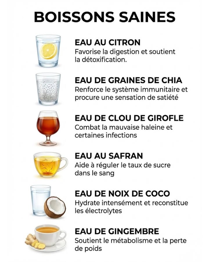 7 BOISSONS NATURELLES pour booster ta santé au quotidien!  Ces boissons faciles à préparer offrent de réels bienfaits:

1.  Eau au citron: Digestion et détoxification.
2.  Eau de chia: Immunité et satiété.
3.  Eau de clou de girofle: Combat la mauvaise haleine.
4.  Eau au safran: Régulation du sucre.
5. 便 Eau de coco: Hydratation intense et électrolytes.
6.  Eau de gingembre: Stimule le métabolisme.
7.  Eau fenugrec-menthe: Équilibre hormonal.

Un geste simple pour une vie plus saine! 

#fblifestyle #bienetre #hydratation #remedesnaturels