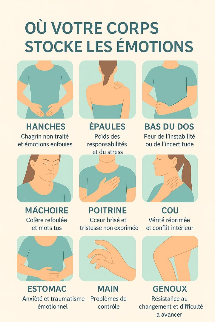 Où le corps stocke-t-il les émotions ?
Comprendre le lien entre émotions et sensations physiques

Notre corps parle souvent avant notre esprit. Les tensions, douleurs récurrentes ou sensations dinconfort peuvent parfois refléter des émotions non exprimées ou des situations stressantes. Ce concept est étudié dans des domaines comme la psychoneuroimmunologie, la somatisation et les thérapies corporelles.

Même si chaque individu réagit différemment, certaines zones du corps reviennent fréquemment lorsque lon parle de charge émotionnelle.

例 Hanches  Tristesse et émotions enfouies

Les hanches sont associées au mouvement. Certaines traditions affirment que des émotions non traitées  tristesse, chagrin ou regrets  peuvent y créer de la raideur et des blocages.

 Épaules  Pression, responsabilités et stress

Lexpression  porter le poids du monde sur ses épaules  illustre parfaitement cette zone. Les tensions ici apparaissent souvent lors de périodes de charge mentale importante.

 Bas du dos  Insécurité et instabilité

La zone lombaire est liée au sentiment de soutien sécurité matérielle, confiance en lavenir. Lincertitude ou la peur de manquer peuvent se traduire par des douleurs lombaires.

 Mâchoire  Colère retenue et non-dit

Grincer des dents, serrer la mâchoire Ce réflexe survient souvent lorsquon garde ses émotions pour soi, notamment la colère ou la frustration.

 Poitrine  Chagrin et tristesse non exprimée

Un cœur lourd, peine, rupture émotionnelle La poitrine est souvent le point dexpression dun deuil affectif ou dun stress émotionnel profond.

 Cou  Conflits intérieurs et vérité non exprimée

La gorge est associée à la communication. La difficulté à dire ce que lon ressent peut créer des tensions cervicales ou des sensations doppression dans la gorge.

 Estomac  Anxiété et stress émotionnel

Le système digestif est très sensible aux émotions. Linconfort gastrique, les nausées ou brûlures peuvent être liés à langoisse, au stress ou à une hypersensibilité émotionnelle.

 Mains  Contrôle et action

Les mains sont liées à la capacité dagir et de contrôler. Une tension excessive peut apparaître lorsquon essaie de tout maîtriser ou quon se sent dépassé.

樂 Genoux  Difficulté à lâcher prise et à avancer

Les genoux symbolisent la souplesse, la flexibilité. Les douleurs ou raideurs peuvent refléter une résistance au changement ou une difficulté à accepter une situation.

Comment libérer les émotions du corps ?

 Respiration profonde et cohérence cardiaque
 Étirements et mobilité douce yoga, pilates
 Thérapie somatique ou psychothérapeutique
 Méditation, journaling émotionnel
 Activité physique régulière pour relâcher les tensions
#fblifestyle