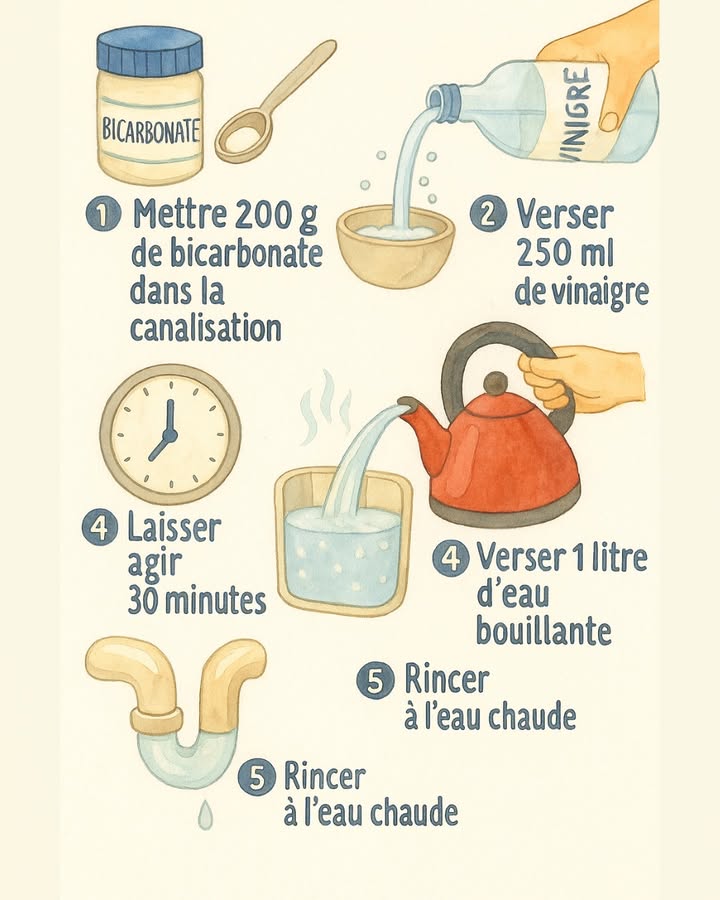 Odeur bizarre qui remonte de lévier ou de la douche? Pas besoin de produits costauds, un petit mélange maison suffit.

1. Verse un bon paquet de bicarbonate dans la canalisation
   Ça neutralise les odeurs et décroche les petites crasses collées.

2. Envoie ensuite un verre de vinaigre blanc
   La mousse qui se forme, cest la réaction qui fait le gros du travail.

3. Laisse tranquille une dizaine de minutes
   Le duo bicarbonatevinaigre fait son ménage tout seul.

4. Termine avec un litre deau bien chaude
   Ça fait glisser les graisses et les dépôts vers la sortie.

Au final, plus dodeurs lourdes, les petits bouchons seffritent et leau file beaucoup mieux.
Solution naturelle, pas chère, et qui fonctionne pour lévier, le lavabo ou la douche.

Petite habitude utile: refaire lopération une fois par mois pour garder les canalisations fraîches.
