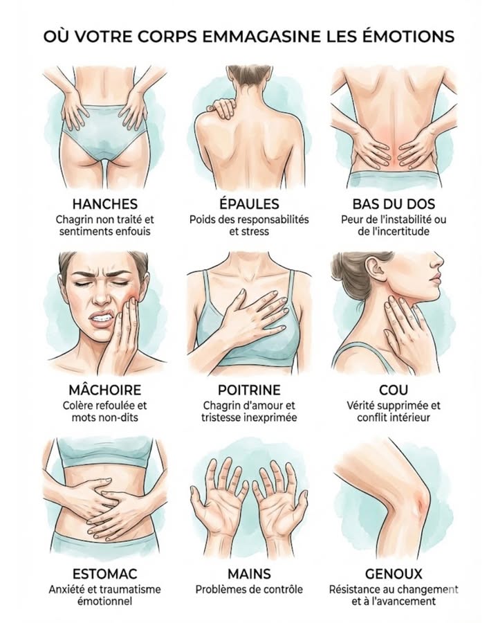Découvrez où votre corps stocke vos émotions ! Vos hanches pourraient contenir du chagrin, vos épaules le poids du stress, et votre cou, des vérités cachées. Prenez soin de vous et libérez-vous ! 

#fblifestyle #bienêtre #émotions #santé