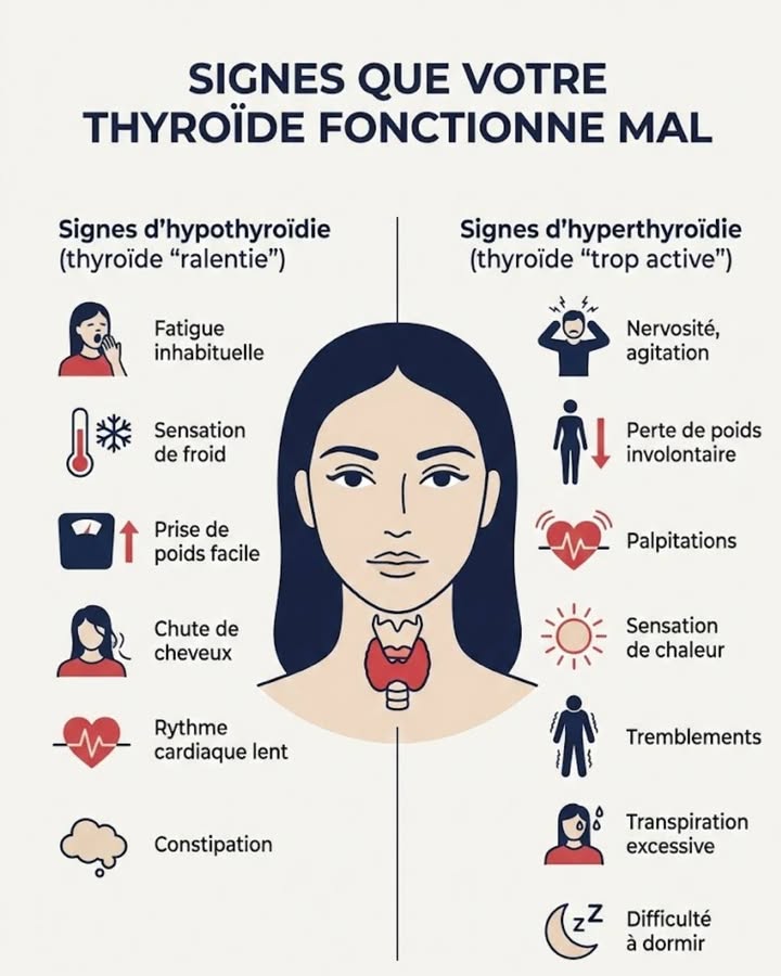Votre thyroïde vous parle peut-être Savez-vous décoder ses signaux ?

Essentielle pour lénergie, le poids, lhumeur et le cœur, la thyroïde envoie des signaux subtils quand elle dysfonctionne. Soyez attentif !

 Hypothyroïdie thyroïde lente :

Fatigue intense et inexpliquée
Froid persistant
Gain de poids
Peau sèche, cheveux qui tombent
Rythme cardiaque ralenti

 Hyperthyroïdie thyroïde hyperactive :

Nervosité et agitation
Perte de poids rapide
Palpitations cardiaques
Tremblements
Insomnie

易 Pourquoi cest crucial ?
Ignorer un problème thyroïdien peut affecter votre énergie, votre moral et votre cœur. Un diagnostic précoce facilite le traitement.

 Si vous observez plusieurs de ces symptômes, consultez un médecin.

#fblifestyle #sante #bienetre