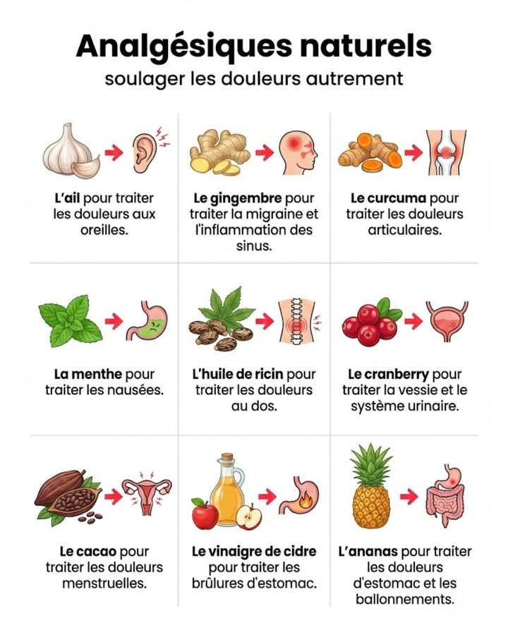 Découvrez des solutions naturelles pour soulager vos douleurs! De lail pour les oreilles à lananas pour lestomac, la nature offre des alternatives douces et efficaces. Prenez soin de vous naturellement!

#fblifestyle #remedenaturel