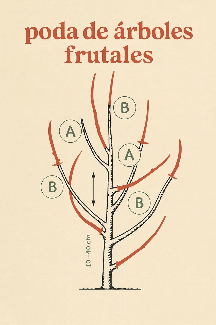 Guía básica para podar árboles frutales 
1 Definir la altura del tronco
Formar las primeras ramas principales entre 10 y 40 cm por encima del tronco, para crear una copa amplia y estable.
2 Eliminar brotes mal orientados A
Quitar ramas que crecen hacia el interior de la copa, se cruzan o se rozan entre sí, para abrir el árbol y mejorar la entrada de luz y aire.
3 Acortar ramas demasiado largas B
Reducir el largo de las ramas principales que están desbalanceadas o se extienden en exceso, evitando roturas y mejorando la estructura.
4 Favorecer una copa aireada
Mantener el centro del árbol despejado disminuye el riesgo de hongos y plagas y facilita una fructificación más uniforme.
5 Podar con regularidad
Una poda correcta y periódica mantiene el árbol sano, equilibrado y con mejor capacidad de sostener el peso de los frutos.
