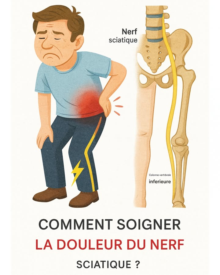 Comment apaiser la douleur du nerf sciatique avec des solutions naturelles

La sciatique provoque une douleur qui part du bas du dos et peut descendre jusquau pied. Ce nerf, le plus long du corps humain, peut senflammer ou être comprimé, créant une gêne qui va de la simple irritation à une douleur vive qui empêche de bouger normalement.

Si un avis médical reste parfois indispensable, beaucoup de personnes trouvent déjà un soulagement important grâce à des méthodes naturelles qui calment linflammation, libèrent les tensions et améliorent la mobilité au fil des jours.

Chaud et froid: une combinaison efficace
Le froid aide à réduire linflammation et apaise la douleur soudaine.
La chaleur, elle, détend les muscles contractés et stimule la circulation.
Alternez compresse froide puis source de chaleur pendant 15 à 20 minutes pour un effet optimal.

Étirements légers et mouvements doux
Certains étirements aident à diminuer la pression exercée sur le nerf sciatique:

Étirement genou-poitrine
Torsion assise
Posture du pigeon version adaptée si nécessaire

Allez toujours lentement et ne poussez jamais dans la douleur. Un repos bref peut aider, mais rester alité trop longtemps a tendance à aggraver les symptômes. De petites activités comme la marche, la natation ou le yoga doux restent idéales pour remettre le corps en mouvement.

Massages ciblés
Un bon massage peut relâcher les tensions du bas du dos, des hanches et des ischio-jambiers. En réduisant les points de tension, on diminue la pression exercée sur le nerf et on améliore la circulation locale.

Anti-inflammatoires naturels
Certaines plantes ou aliments sont reconnus pour leur action apaisante:

Curcuma riche en curcumine
Infusion de gingembre
Oméga-3 huile de poisson, graines de lin

Adopter de meilleures postures
Asseyez-vous avec les pieds bien au sol et un dossier qui soutient la colonne.
Évitez de rester affalé ou immobile trop longtemps.
Un coussin lombaire peut vraiment changer le confort si vous travaillez assis.

Ajuster son mode de vie
Un poids équilibré limite la pression sur le bas du dos.
Le tabac ralentit la circulation et freine la guérison: réduire ou arrêter aide beaucoup.
Un sommeil réparateur permet aux nerfs et aux muscles de récupérer correctement.

Quand demander un avis médical
Les remèdes naturels apportent souvent un vrai mieux, mais il est préférable de consulter si:

La douleur devient très forte ou ne saméliore pas.
Une faiblesse ou un engourdissement apparaît dans la jambe.
Il y a une perte de contrôle de la vessie ou des intestins situation urgente.