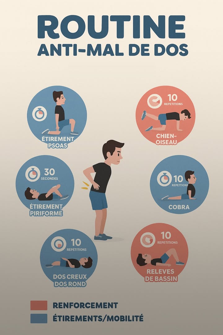 Routine anti-mal de dos : 6 exercices simples pour soulager et prévenir la douleur

Le mal de dos, souvent appelé le  mal du siècle , touche presque tout le monde à un moment donné. Que ce soit à cause du stress, dune mauvaise posture au bureau ou dun manque de mouvement, notre colonne vertébrale en subit les conséquences. Bonne nouvelle : il existe une routine courte, efficace et accessible à tous pour détendre, renforcer et mobiliser le dos.

1. Étirement du psoas  30 secondes par jambe

Le psoas est un muscle profond souvent négligé. En position de fente, avance une jambe et pousse doucement le bassin vers lavant. Respire lentement, relâche les épaules. Cet étirement libère les tensions accumulées dans le bas du dos.

2. Étirement du piriforme  30 secondes par jambe

Allonge-toi sur le dos, croise une jambe sur lautre et tire délicatement le genou vers la poitrine. Parfait pour dénouer la zone des fessiers et du nerf sciatique.

3. Cobra  30 secondes

Allonge-toi sur le ventre, place les mains sous les épaules et redresse le haut du corps en gardant le bassin au sol. Cet exercice ouvre la cage thoracique et renforce les muscles lombaires.

4. Dos creux / dos rond  10 répétitions

En position à quatre pattes, alterne entre dos creux regarde vers le haut et dos rond rentre le menton et le ventre. Cest un mouvement de base pour mobiliser la colonne vertébrale et améliorer la souplesse.

5. Chien-oiseau  10 répétitions de chaque côté

Toujours à quatre pattes, tends le bras droit et la jambe gauche en même temps, puis alterne. Cet exercice renforce le dos et la ceinture abdominale tout en travaillant léquilibre.

6. Relevés de bassin  10 répétitions

Allonge-toi sur le dos, pieds au sol, bras le long du corps. Soulève lentement le bassin jusquà former une ligne droite épaules-bassin-genoux. Idéal pour renforcer les fessiers et la zone lombaire.

Pour de vrais résultats

Cette routine peut être réalisée 3 fois par semaine ou quotidiennement pour les plus motivés. Elle ne prend que 10 minutes, mais ses effets sont durables : moins de raideur, meilleure posture, et surtout un dos plus solide.

#fblifestyle