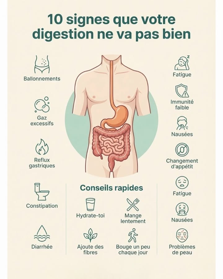 10 signaux dalerte dune mauvaise digestion et leurs significations possibles

Les problèmes digestifs peuvent avoir des répercussions surprenantes. Découvrez les causes et interprétez ces symptômes :

 1. Ballonnements
Souvent dus à une fermentation anormale : repas pris trop vite, aliments mal assimilés ou flore intestinale déséquilibrée.

 2. Gaz excessifs
Acceptables en petite quantité, ils deviennent excessifs quand lintestin a du mal à décomposer certains aliments.

 3. Reflux acides
Remontées acides vers lœsophage, souvent liées à des repas copieux, riches ou avalés trop rapidement.

 4. Constipation
Peut indiquer un manque de fibres, deau, dactivité physique ou un transit intestinal trop lent.

 5. Diarrhée
Réaction courante à un aliment irritant, une intolérance ou un déséquilibre de la flore.

 6. Fatigue
Une digestion difficile force le corps à dépenser plus dénergie, réduisant ainsi votre vitalité.

 7. Nausées
Peuvent signaler une digestion lente, un excès de graisses ou une irritation de lestomac.

 8. Modification de lappétit
Faim excessive ou perte dappétit : lintestin a un impact direct sur les hormones de satiété.

 9. Immunité affaiblie
Lintestin abrite 70 % des cellules immunitaires. Un déséquilibre affaiblit vos défenses.

 10. Problèmes de peau
Acné, rougeurs ou eczéma peuvent révéler une inflammation intestinale ou un déséquilibre du microbiote.

 Comment améliorer votre digestion ?
 1. Buvez suffisamment
Leau facilite le transit, hydrate les intestins et aide à lélimination des toxines.

綾 2. Augmentez progressivement votre consommation de fibres
Légumes, fruits, légumineuses, avoine. Essentielles pour nourrir les bonnes bactéries.

 3. Prenez le temps de manger
La digestion commence dans la bouche. Bien mastiquer = moins de ballonnements et de reflux.

 4. Bougez chaque jour
La marche stimule le transit en douceur et aide à lutter contre la constipation.

律 5. Diminuez votre stress
Le système digestif est très sensible au stress. Relaxation, pauses, sommeil sont indispensables !

離 6. Identifiez les aliments déclencheurs
Produits laitiers, gluten, fritures, aliments transformés Les sensibilités varient.

 En conclusion
Un système digestif sain = plus dénergie, une plus belle peau, une meilleure immunité et un bien-être général.
Soyez attentif aux signaux de votre corps, adaptez vos habitudes, et votre digestion vous remerciera 

#fblifestyle #digestion #sante #bienetre