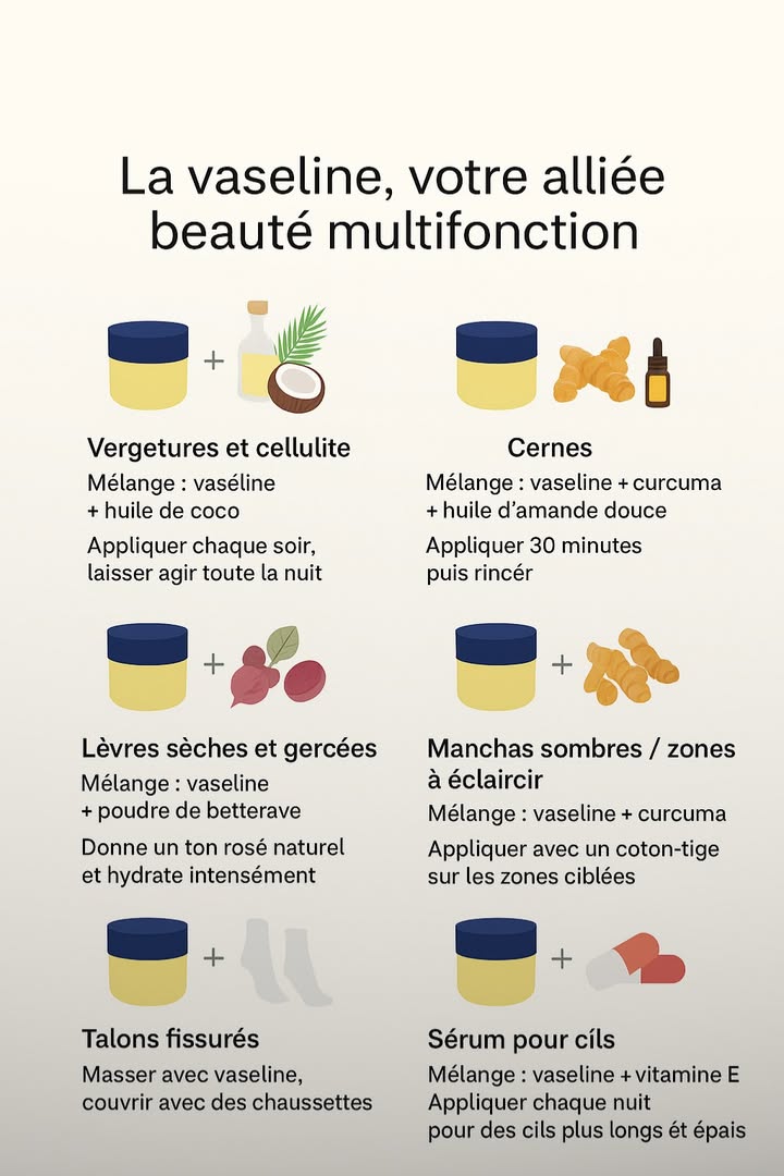 La vaseline : votre alliée beauté multifonction

Souvent oubliée dans nos trousses de beauté, la vaseline est pourtant un véritable trésor. Ce produit simple, abordable et efficace peut transformer votre routine quotidienne grâce à ses multiples bienfaits hydratants et réparateurs. Voici six utilisations incontournables pour sublimer votre peau, vos lèvres et vos cils naturellement.

1. Contre les vergetures et la cellulite

Mélange : vaseline  huile de coco
Appliquez chaque soir sur les zones concernées et laissez agir toute la nuit.
 Ce soin nourrit la peau en profondeur et améliore sa souplesse jour après jour.

2. Pour atténuer les cernes

Mélange : vaseline  curcuma  huile damande douce
Laissez poser 30 minutes avant de rincer.
 Le curcuma illumine le regard tandis que lhuile damande adoucit la peau fine du contour des yeux.

3. Pour des lèvres douces et colorées

Mélange : vaseline  poudre de betterave
Ce mélange donne un ton rosé naturel tout en hydratant intensément les lèvres sèches ou gercées.

4. Pour éclaircir les taches sombres

Mélange : vaseline  curcuma
Appliquez à laide dun coton-tige sur les zones ciblées.
 Le curcuma aide à unifier le teint tout en apportant de léclat.

5. Pour réparer les talons fissurés

Avant de dormir, massez vos pieds avec de la vaseline, puis enfilez des chaussettes.
罹 Laissez agir toute la nuit : vos pieds seront doux et parfaitement hydratés au réveil.

6. Sérum pour des cils plus longs

Mélange : vaseline  vitamine E
Appliquez chaque nuit à la base des cils pour les rendre plus longs, forts et épais.

La vaseline nest pas seulement un produit de base : cest un indispensable beauté. Polyvalente, naturelle et économique, elle hydrate, protège et illumine la peau comme peu dautres produits.

#fblifestyle