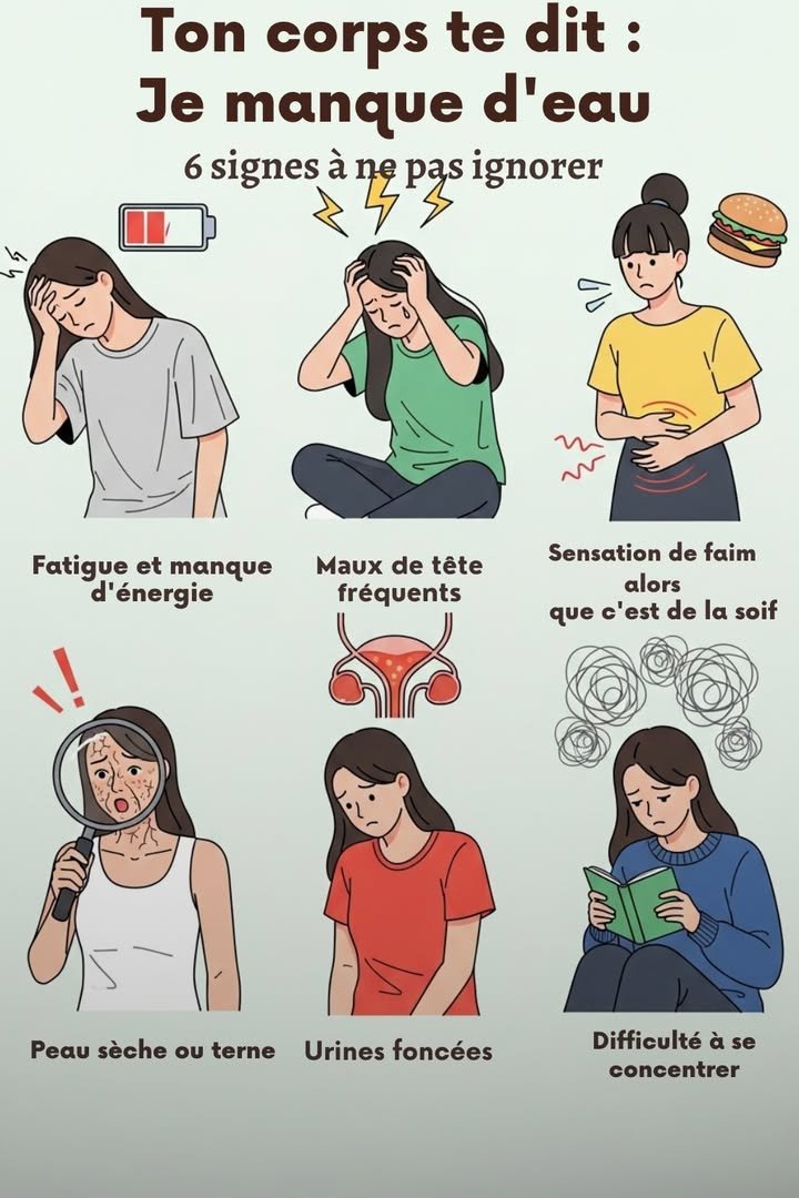 6 signes que ton corps manque deau et comment y remédier

1 Fatigue persistante
Si tu te sens constamment épuisé.e, même après une bonne nuit de sommeil, ton corps pourrait être déshydraté.
Remède : Bois un grand verre deau dès le réveil et garde une bouteille à portée de main toute la journée.

2 Maux de tête fréquents
La déshydratation peut provoquer des céphalées car le cerveau perd légèrement de son volume et tire sur les membranes.
Remède : Augmente ta consommation deau progressivement et évite les boissons sucrées ou caféinées qui déshydratent.

3 Peau sèche ou terne
Une peau qui manque délasticité ou de luminosité peut être un signe que tu manques deau.
Remède : Bois régulièrement et complète avec des aliments riches en eau comme les concombres, pastèques ou oranges.

4 Constipation
Un manque de liquide ralentit le transit intestinal et rend les selles plus dures.
Remède : Bois beaucoup deau et ajoute des fibres fruits, légumes, graines à ton alimentation.

5 Urine foncée ou peu fréquente
Une urine claire et régulière est signe dune bonne hydratation. Une urine jaune foncé indique que ton corps retient leau.
Remède : Bois de petites gorgées régulièrement plutôt que de grandes quantités dun coup.

6 Bouche sèche ou soif intense
Cest le signal le plus évident. Si tu as constamment la bouche sèche, ton corps te demande de leau.
Remède : Bois de leau dès que la soif apparaît et garde toujours une bouteille à portée de main.

 Astuce bonus : Intègre des boissons naturelles comme les tisanes ou leau infusée aux fruits pour varier les plaisirs et rester hydraté.e.

#fblifestyle