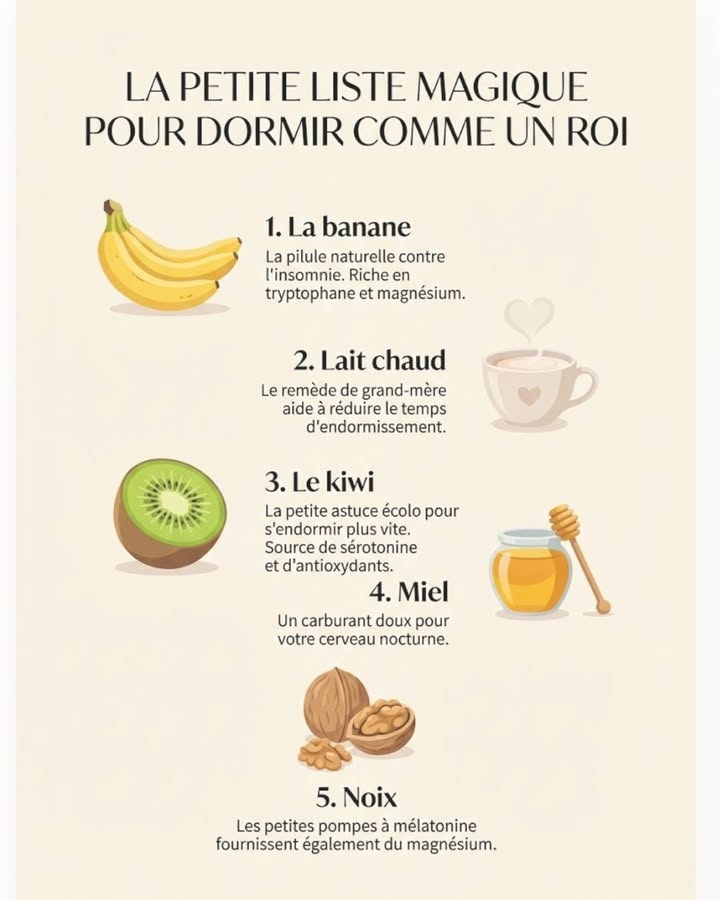 LA LISTE ROYALE POUR UN SOMMEIL DE QUALITÉ 
Difficultés dendormissement ? Réveils fréquents ? Sommeil agité ? De simples aliments peuvent naturellement aider ton corps à se détendre et à favoriser un sommeil profond et réparateur. 

Découvrez 5 alliés naturels à ajouter à votre routine du soir :

 1. La banane
Une solution naturelle contre linsomnie !
 Contient du tryptophane, essentiel à la mélatonine
 Riche en magnésium, parfait pour la relaxation musculaire

拏 2. Le lait chaud
Un remède traditionnel qui fait ses preuves.
 Facilite lendormissement
 Source de tryptophane, apaise le système nerveux

諾 3. Le kiwi
Un moyen simple et naturel pour un endormissement rapide.
 Abondant en sérotonine
 Plein dantioxydants pour réduire le stress du soir
 Une étude suggère que 1 ou 2 kiwis avant de dormir améliorent le sommeil.

 4. Le miel
Lénergie du cerveau pendant la nuit.
 Aide à maintenir un taux de glycémie stable
 Favorise la production de mélatonine
 Une cuillère à café avant le coucher est suffisante !

 5. Les noix
De petites merveilles pour un sommeil profond.
 Source naturelle de mélatonine
 Riches en magnésium et acides gras, elles calment le système nerveux

 Petit plus :
Combinez ces aliments avec une routine relaxante : lumière tamisée, respiration profonde, évitez les écrans 30 minutes avant le coucher.

 Votre corps vous remerciera

#fblifestyle #sommeil #alimentation #bienetre