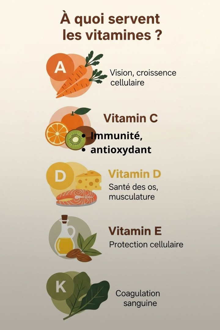À quoi servent les vitamines ?

Les vitamines sont des substances essentielles au bon fonctionnement de notre organisme. Elles ne fournissent pas dénergie comme les glucides ou les lipides, mais elles participent à de nombreuses réactions vitales. Chaque vitamine a un rôle spécifique et indispensable.

凌 Vitamine A

La vitamine A est essentielle pour la vision, la croissance des cellules et la santé de la peau. Elle aide aussi à protéger les muqueuses et le système immunitaire.
 On la trouve dans les carottes, le foie, les produits laitiers et les œufs.

 Vitamine C

Connue pour renforcer le système immunitaire, la vitamine C est aussi un antioxydant qui protège les cellules contre le vieillissement. Elle favorise la cicatrisation et aide à labsorption du fer.
 Présente dans les agrumes, le kiwi, les poivrons et les fraises.

 Vitamine D

Indispensable à la santé des os et des muscles, elle aide à fixer le calcium et le phosphore dans lorganisme. Une partie de cette vitamine est produite grâce au soleil.
 On la trouve dans les poissons gras, les œufs et le lait enrichi.

陋 Vitamine E

Puissant antioxydant, la vitamine E protège les cellules du stress oxydatif et aide à maintenir la santé de la peau et du système immunitaire.
 Présente dans les huiles végétales, les noix, les graines et les avocats.

喝 Vitamine K

Essentielle à la coagulation sanguine, elle joue aussi un rôle dans la solidité des os.
 On la trouve surtout dans les légumes verts comme les épinards, les choux et le brocoli.

 les vitamines sont de véritables alliées pour notre santé, notre énergie et notre équilibre. Une alimentation variée et équilibrée est la meilleure façon den apporter suffisamment chaque jour.

#fblifestyle
