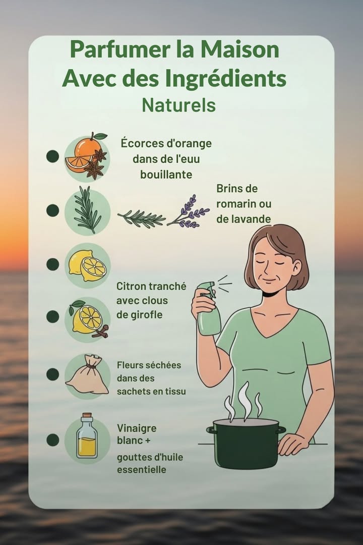 Parfumer la maison naturellement 

Envie dun intérieur qui sent bon sans produits chimiques ?
Voici quelques astuces simples et 100 % naturelles 

 Écorces dorange dans de leau bouillante
 Brins de romarin ou de lavande
 Tranches de citron piquées de clous de girofle
 Fleurs séchées dans de jolis sachets en tissu
林 Vinaigre blanc  quelques gouttes dhuile essentielle

Des senteurs douces, une ambiance apaisante et une maison qui respire la nature 

#fblifestyle