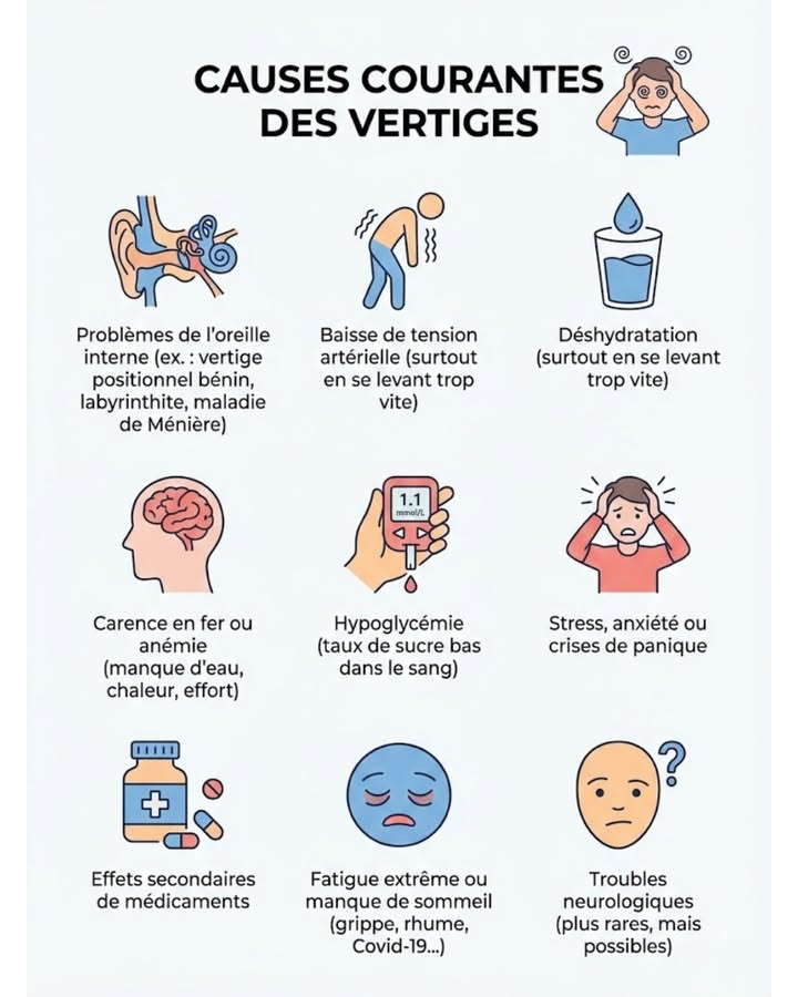 Vous êtes souvent sujet aux vertiges ? 樂 Bien que souvent sans gravité, il est essentiel den identifier les causes : problèmes doreille interne, hypotension, déshydratation, carence en fer, hypoglycémie, stress, effets secondaires médicamenteux, fatigue, infections virales, ou troubles neurologiques.  Consultez un médecin en cas de vertiges fréquents, de chutes, de troubles de la vision ou de la parole, ou dengourdissement. Votre santé est précieuse !

#fblifestyle #santé #conseilsanté #bienetre