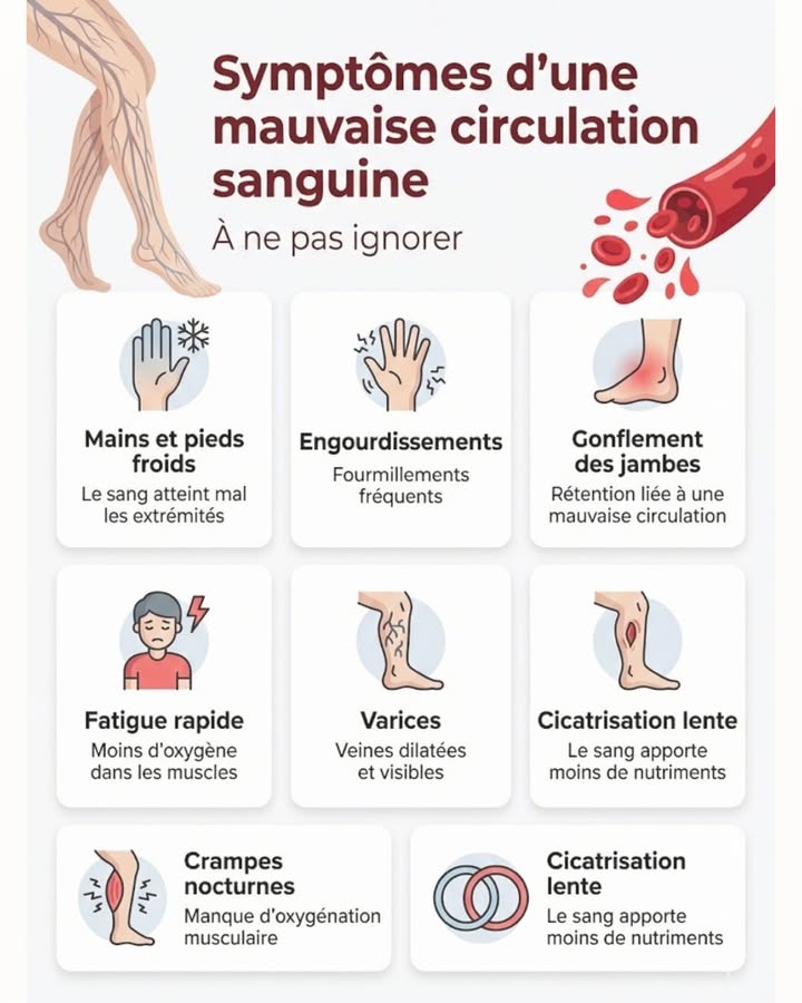 Les symptômes dune mauvaise circulation sanguine à ne pas ignorer

Une circulation sanguine déficiente peut être discrète au début, mais certains signes doivent être identifiés rapidement pour prévenir les complications et linconfort quotidien.

Voici 8 symptômes courants :

流 Froideur des mains et des pieds : mauvaise irrigation des extrémités.
 Sensations dengourdissement et de picotement : souvent dues à un flux sanguin insuffisant.
例 Jambes gonflées : peuvent indiquer une rétention deau ou un retour veineux difficile.
 Fatigue rapide : les muscles manquent doxygène.
變 Varices : veines dilatées et visibles, fréquemment douloureuses.
 Crampes pendant la nuit : signe dune oxygénation musculaire insuffisante.
 Teint pâle ou bleuté : mauvaise oxygénation des tissus.
 Lenteur de la cicatrisation : diminution des nutriments transportés par le sang.

 Pourquoi est-ce important ?

Plusieurs facteurs peuvent être à lorigine dune mauvaise circulation : manque dactivité physique, régime alimentaire, stress, varices, problèmes cardiaques ou métaboliques. La détection précoce des symptômes permet une intervention plus rapide.

 Recommandation

Si ces signes persistent, sont fréquents ou saccompagnent de douleur, il est conseillé de consulter un professionnel de la santé.

#fblifestyle #sante #bienetre