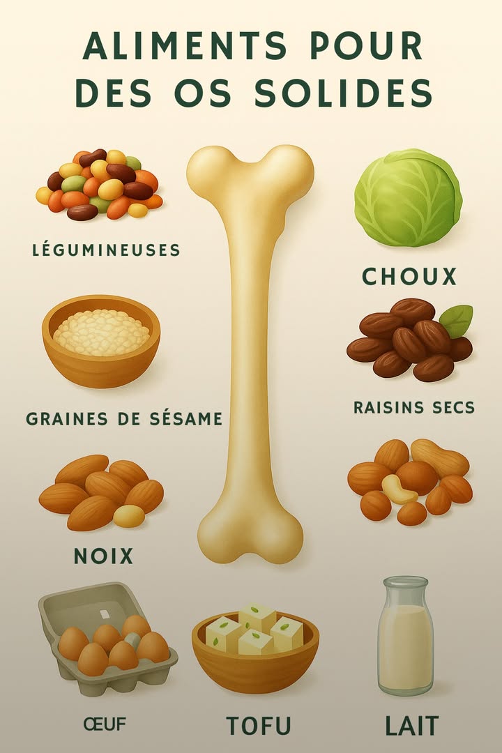 Les meilleurs aliments pour des os solides

Avoir des os forts est essentiel pour rester en bonne santé tout au long de la vie. Le squelette soutient le corps, protège les organes vitaux et participe à la mobilité. Pour renforcer naturellement les os, certains aliments sont de véritables alliés grâce à leur richesse en calcium, en vitamine D, en magnésium et en protéines.

拏 1. Le lait et les produits laitiers

Le lait, le yaourt et le fromage sont parmi les meilleures sources de calcium, un minéral indispensable à la solidité des os et des dents. Ils contiennent aussi de la vitamine D, qui favorise labsorption du calcium.

讀 2. Les œufs

Les œufs, notamment le jaune, contiennent de la vitamine D et des protéines de qualité qui participent à la régénération du tissu osseux.

 3. Le tofu

Riche en calcium et en protéines végétales, le tofu est une excellente alternative pour ceux qui ne consomment pas de produits laitiers.

 4. Les noix et les graines de sésame

Les noix, les amandes et les graines de sésame apportent du magnésium, du zinc et des graisses saines, indispensables au maintien de la densité osseuse.

復 5. Les choux et les légumes verts

Les choux, le brocoli et les épinards sont riches en calcium, en vitamine K et en antioxydants. Ces nutriments contribuent à la bonne santé des os et à la prévention de lostéoporose.

齃 6. Les légumineuses

Les lentilles, pois chiches et haricots sont riches en protéines végétales, en calcium et en magnésium, favorisant ainsi la solidité des os.

 7. Les raisins secs

Ils apportent du bore, un oligo-élément peu connu mais essentiel pour labsorption du calcium et du magnésium.

 Conseils pour des os en pleine forme

Expose-toi régulièrement au soleil pour stimuler la production naturelle de vitamine D.

Pratique une activité physique régulière, surtout des exercices de port de poids marche, danse, musculation légère.

Limite la consommation de café, dalcool et de sel, qui peuvent fragiliser les os.

#fblifestyle