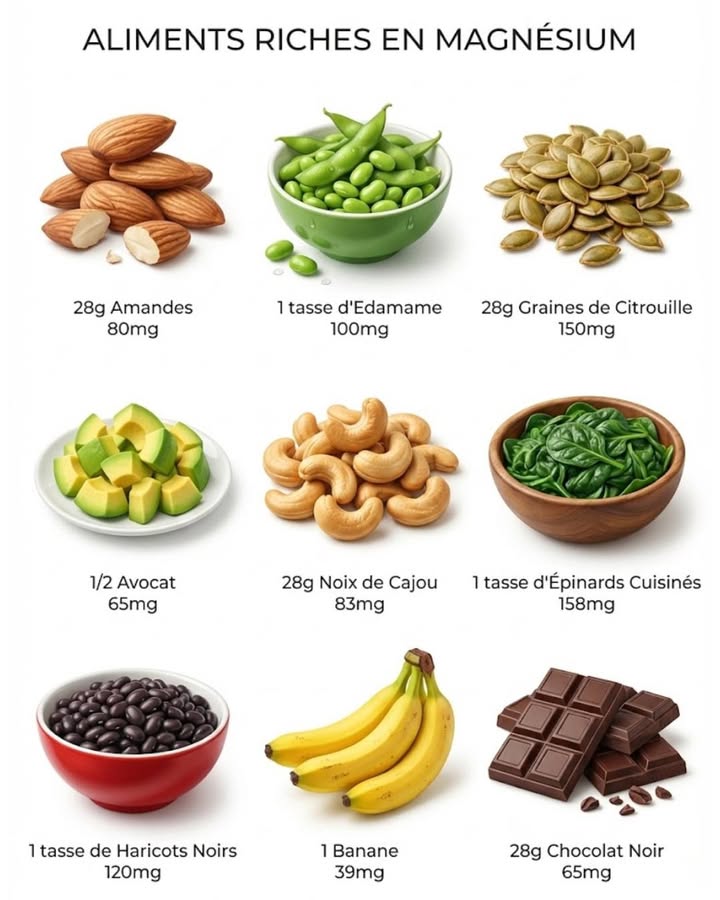 Aliments riches en magnésium pour renforcer votre régime anti-inflammatoire.

#fblifestyle #alimentation #sante