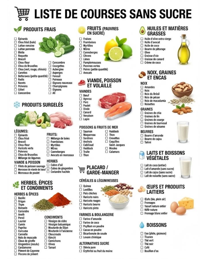 Besoin dinspiration pour votre prochaine liste de courses sans sucre ? Voici une liste complète pour vous aider ! Des légumes frais aux alternatives naturelles au sucre, nous avons tout ce quil vous faut. 凌復陋

#fblifestyle #alimentation #sanssucre #mangersain