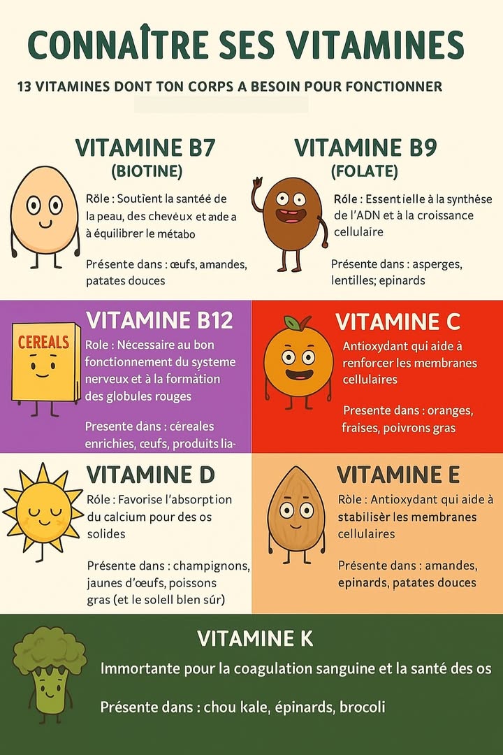 Tout Savoir sur les Vitamines : Les Alliées Invisibles de Notre Santé

Les vitamines jouent un rôle essentiel dans le bon fonctionnement de notre organisme. Bien que seulement 13 dentre elles soient indispensables, chacune possède une mission unique pour garantir notre énergie, notre immunité, et notre bien-être quotidien. Elles ne fournissent pas dénergie directement, mais permettent au corps dutiliser efficacement les nutriments provenant de lalimentation.

Découvrons les principales vitamines et leurs rôles 

Vitamine B7 Biotine

Fonction :

Maintient la santé de la peau, des cheveux et des ongles

Participe au métabolisme des nutriments

Sources de Vitamine B7 : œufs, amandes, patates douces

Vitamine B9 Folate

Fonction :

Indispensable à la fabrication de lADN

Favorise la croissance cellulaire

Sources de Vitamine B9 : épinards, lentilles, asperges

Vitamine B12

Fonction :

Essentielle au système nerveux

Aide à la formation des globules rouges

Sources de Vitamine B12 : produits laitiers, œufs, céréales enrichies

 Souvent complémentée chez les végétariens et végétaliens

Vitamine C

Fonction :

Renforce le système immunitaire

Antioxydant puissant

Sources de Vitamine C : oranges, fraises, poivrons

Vitamine D

Fonction :

Favorise labsorption du calcium

Indispensable pour des os solides

Sources de Vitamine D : soleil , poissons gras, champignons, jaune dœuf

Vitamine E

Fonction :

Protège les membranes cellulaires

Antioxydant naturel

Sources de Vitamine E : amandes, épinards, graines

Vitamine K

Fonction :

Aide à la coagulation du sang

Contribue à la santé des os

Sources de Vitamine K: brocoli, chou kale, épinards

Chaque vitamine est un maillon essentiel de la machine du corps humain. Une alimentation variée, colorée et naturelle est la meilleure façon de couvrir ses besoins. Si nécessaire, des compléments peuvent être envisagés sur avis médical, notamment pour la vitamine D et B12.
#fblifestyle
