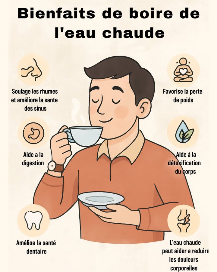 Pourquoi boire de leau chaude ? Les bienfaits que vous ne connaissez peut-être pas !

Boire de leau chaude au quotidien peut sembler simple, mais ses effets sur votre santé sont réels et puissants. Voici ce que cela peut vous apporter :

 1. Soulage les rhumes et améliore la santé des sinus
La chaleur aide à fluidifier les mucosités et apaise la congestion.

 2. Aide la digestion
Leau chaude stimule le système digestif et facilite le transit.

 3. Favorise la perte de poids
Elle peut augmenter légèrement le métabolisme et réduire lappétit.

 4. Aide à la détoxification du corps
La chaleur stimule la transpiration et lélimination des toxines.

 5. Améliore la santé dentaire
Moins agressive que leau glacée, elle préserve lémail des dents.

例 6. Réduit certaines douleurs corporelles
La chaleur détend les muscles et peut apaiser les tensions.

 Astuce : Buvez un verre deau chaude le matin à jeun pour profiter au mieux de ses bienfaits !