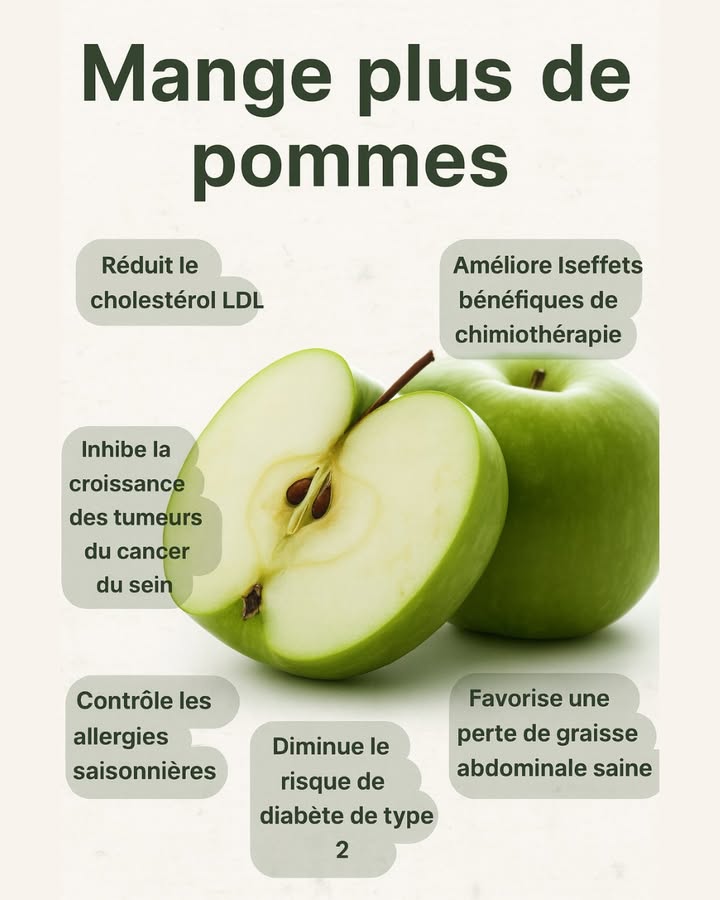 Pourquoi manger plus de pommes ?

Les pommes ne sont pas seulement délicieuses : elles sont aussi de véritables alliées santé ! Voici pourquoi tu devrais en mettre plus souvent dans ton assiette :

 Riches en fibres  favorisent une bonne digestion et un ventre plus sain
 Réduction du cholestérol LDL grâce à la pectine
 Soutien au système immunitaire grâce aux antioxydants naturels
 Diminution du risque de diabète de type 2
 Effet coupe-faim naturel, idéal pour contrôler son poids
 Protection cellulaire grâce aux polyphénols
 Action anti-inflammatoire qui aide à réduire certains risques liés aux maladies chroniques

 Astuce : mange-les avec la peau, là où se trouvent le plus de nutriments !