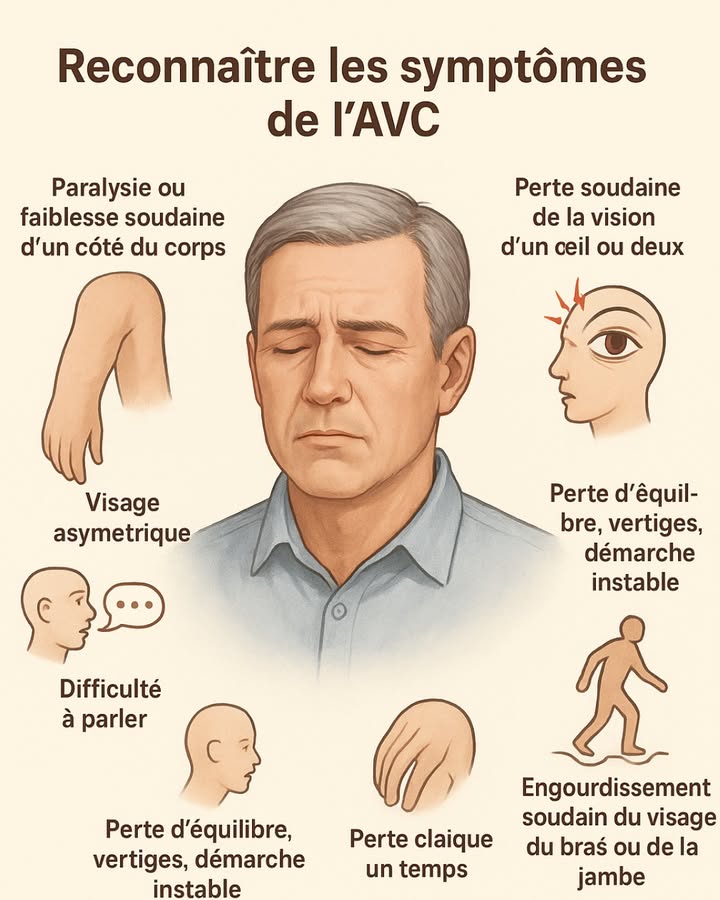 Chaque minute compte face à un AVC !
Saviez-vous quen France, plus de 140 000 personnes sont victimes dun AVC chaque année ? Cest un toutes les quatre minutes. LAVC survient lorsque le cerveau nest plus correctement irrigué en sang, privant les cellules nerveuses doxygène et de nutriments et pouvant provoquer des séquelles graves.

 Agir vite peut sauver des vies et limiter les dommages.
Découvrez comment reconnaître les signes dun AVC et agir immédiatement pour protéger votre santé et celle de vos proches.