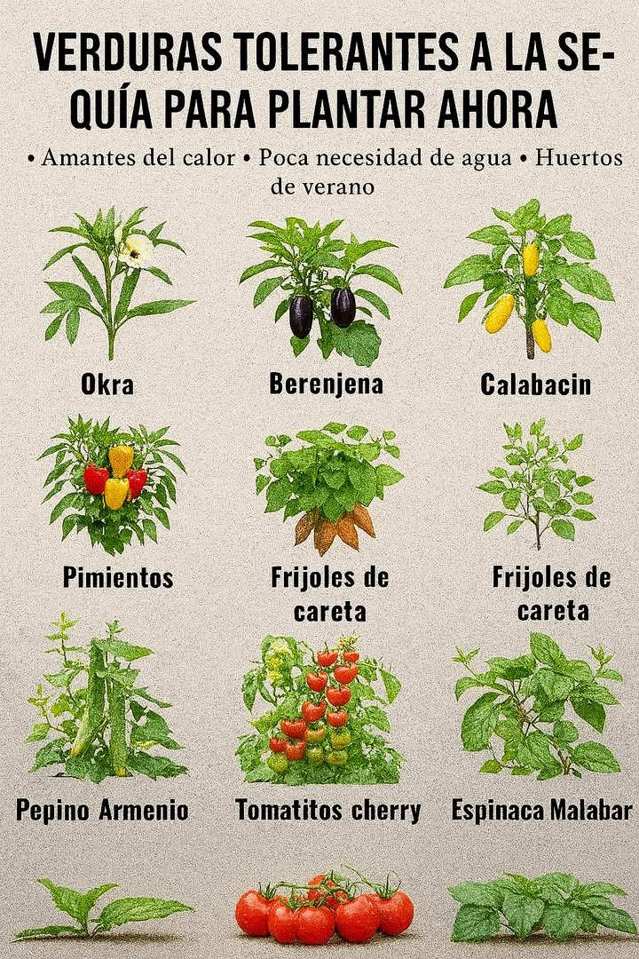 Cultiva Inteligentemente en Verano Seco: 9 Verduras Resistentes a la Sequía 勒

gombo 

Le encanta el calor y los suelos pobres . Crece bien en condiciones secas y produce cosechas abundantes.
berenjenas 

Tienen raíces profundas y requieren poca agua . Se adaptan perfectamente a climas calurosos.
calabacines 勒

Son de crecimiento rápido y necesitan poco cuidado, ideales para obtener resultados en poco tiempo .
pimientos 

Prosperan una vez que están establecidos, soportando altas temperaturas .
batata 

Es resistente, con raíces fuertes y follaje comestible que ayuda a proteger el suelo .
frijoles negros o cowpeas 齃

Son excelentes fijadores de nitrógeno, enriqueciendo el suelo de forma natural .
pepino armenio 勒

Muy resistente al calor, crujiente y refrescante, perfecto para días calurosos .
tomates cherry 

Frutos pequeños que resisten mejor el estrés del calor y ofrecen cosechas fáciles y abundantes .
espinaca Malabar 

Planta trepadora con hojas verdes y frondosas, ideal para combatir el calor con frescura .
 consejo práctico:

Coloca una buena capa de mulch para conservar la humedad del suelo .
Riega en profundidad una o dos veces por semana para mantener a tus plantas saludables y productivas .