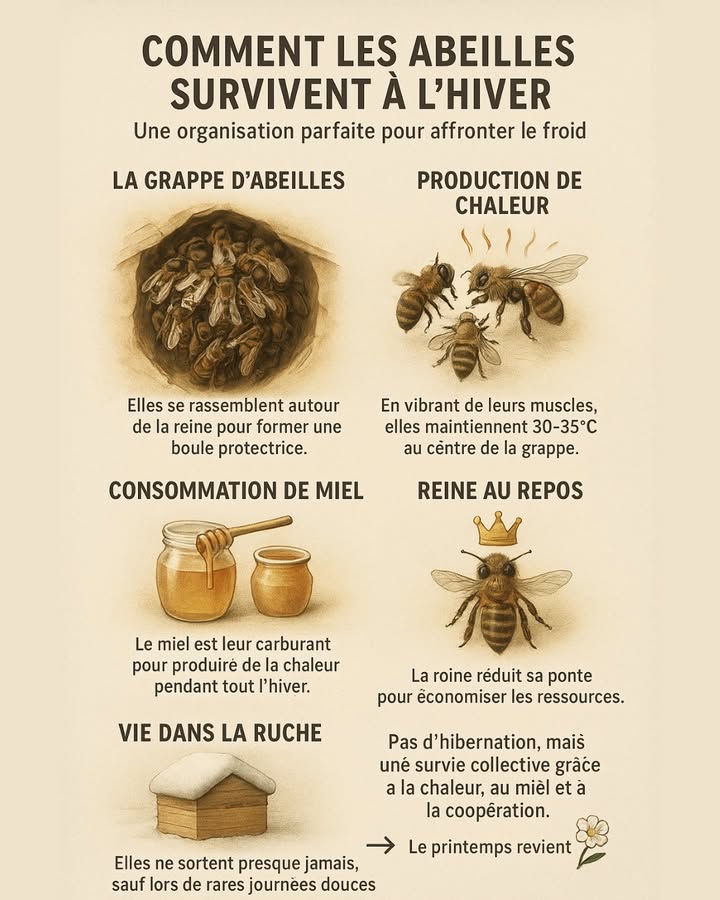 Comment les abeilles survivent à lhiver 

En hiver, les abeilles ne disparaissent pas : elles sorganisent pour affronter le froid grâce à une stratégie collective étonnante.

 1. Formation de la grappe
Dès que la température extérieure descend sous les 10 C, les abeilles se rassemblent autour de leur reine pour former une grappe dhiver.
Les ouvrières se serrent les unes contre les autres pour créer une boule vivante et protectrice.
 Celles du centre restent au chaud, tandis que celles de lextérieur tournent régulièrement pour ne pas geler.

 2. Production de chaleur
Les abeilles ne dorment pas : elles font vibrer leurs muscles thoraciques sans bouger les ailes pour produire de la chaleur.
Grâce à cette activité, la température au cœur de la grappe reste stable, autour de 30 à 35 C, même quand il gèle dehors.

 3. Le miel, leur carburant énergétique
Pour maintenir cette chaleur, elles consomment en continu le miel stocké durant lété.
 En moyenne, une colonie a besoin de 15 à 20 kg de miel pour passer lhiver sans danger.
Sans ces réserves, la colonie risque de mourir de faim avant le retour du printemps.

 4. Une reine au repos
Pendant cette période, la reine réduit presque totalement sa ponte.
Cela évite de nourrir de nouveaux couvains larves et permet à la colonie de concentrer son énergie sur la survie collective.

 5. Une ruche presque immobile
La colonie reste à labri, dans le noir et le silence de la ruche.
Les abeilles ne sortent que lors de rares journées ensoleillées et douces, pour évacuer leurs déchets  on appelle cela le vol de propreté.

 Pas dhibernation, mais une incroyable adaptation !
Les abeilles affrontent les mois froids grâce à la chaleur du groupe, à leur miel et à leur sens de lorganisation.
Quand les premières fleurs réapparaissent, la reine reprend sa ponte et la ruche retrouve toute son activité.

 Leçon de la nature : la solidarité et la préparation assurent la survie du groupe.