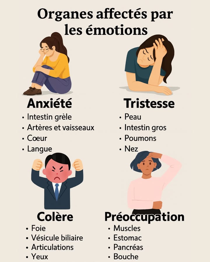 Comment les émotions affectent vos organes ?

Nos émotions ne restent pas seulement dans la tête  elles influencent aussi votre corps. Voici comment :

 Anxiété

Affecte principalement :
 Intestin grêle
 Artères et vaisseaux
 Cœur
 Langue
 Lanxiété augmente le rythme cardiaque et perturbe la digestion.

 Tristesse

Affecte :
 Peau
 Intestin gros
 Poumons
 Nez
 Elle affaiblit souvent limmunité et la respiration.

 Colère

Impacte :
 Foie
 Vésicule biliaire
 Articulations
 Yeux
 La colère crée des tensions internes et augmente linflammation.

 Préoccupation / Stress mental

Affecte :
 Muscles
 Estomac
 Pancréas
 Bouche
 Le stress mental perturbe la digestion et provoque des tensions musculaires.

 Conseil santé :

Apprenez à reconnaître vos émotions. Elles parlent et votre corps aussi.
Respirez, marchez, parlez, exprimez : votre bien-être dépend aussi de votre équilibre émotionnel.