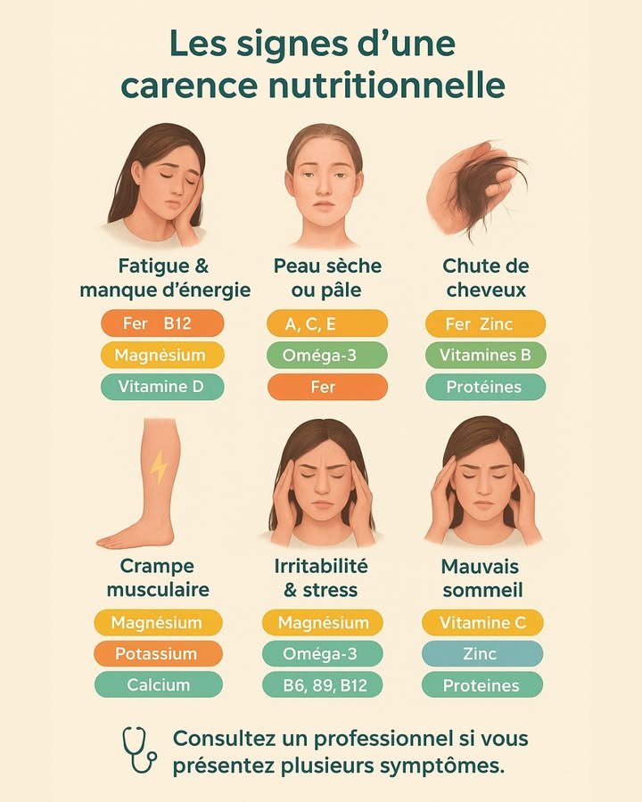 Carences nutritionnelles : un problème plus courant quon ne le croit !
Lorsque le corps ne reçoit pas assez de nutriments essentiels  vitamines, minéraux, acides gras ou protéines  des signes peuvent apparaître : fatigue, troubles du sommeil, chute de cheveux, fragilité immunitaire, et bien plus encore..