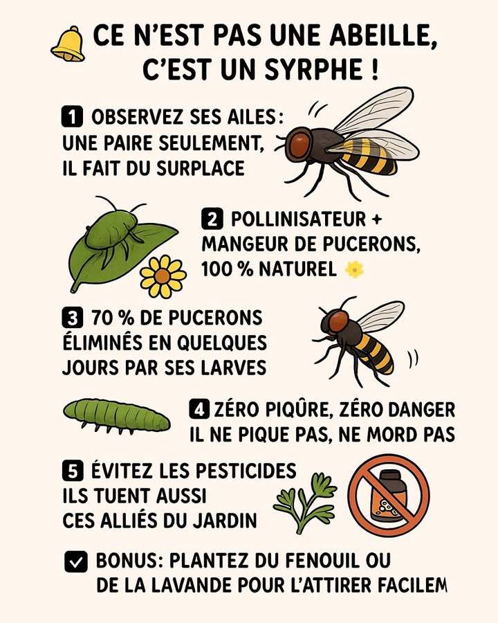 Ce nest pas une abeille cest un syrphe ! 

Beaucoup le confondent avec une abeille, mais le syrphe est un insecte volant inoffensif et très utile au jardin ! 

 Comment le reconnaître ?
 Il na quune seule paire dailes et peut faire du surplace en vol.
 Ses couleurs rappellent celles de labeille, mais il ne pique pas !

 Pourquoi il est précieux :

Pollinisateur efficace comme les abeilles 

Ses larves dévorent les pucerons 

Zéro piqûre, zéro danger !

100 % naturel pour un jardin en équilibre 

 Évitez les pesticides : ils tuent aussi ces alliés du potager.
 Astuce : Plantez du fenouil, de la lavande ou des ombellifères pour les attirer facilement !
