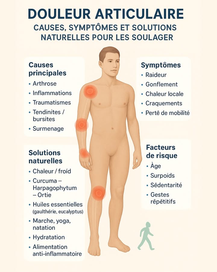 領 Douleurs articulaires : un signal que votre corps ne doit pas ignorer
Que lon soit jeune, actif ou plus âgé, la douleur articulaire peut toucher tout le monde. Elle peut apparaître après un effort, à la suite dune blessure ou être liée à des maladies chroniques comme larthrose. Comprendre doù elle vient et adopter les bons gestes permet de mieux la soulager et de protéger ses articulations au quotidien.

découvrez les principales causes, les signes à surveiller et les solutions naturelles pour préserver la mobilité et réduire linconfort.