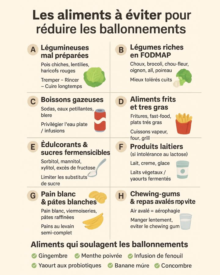 Ventre gonflé ? Vous nêtes pas seul !
Le ballonnement est un inconfort très courant : ventre qui gonfle, gêne digestive, parfois même douleurs Il peut être causé par la digestion, le stress ou simplement certains aliments du quotidien.

 La bonne nouvelle ? Avec quelques ajustements alimentaires, il est tout à fait possible de réduire ces sensations et de retrouver un ventre plus léger.

Découvrez dans notre guide complet quels aliments éviter, quelles habitudes corriger et quelles alternatives naturelles adopter pour un ventre plus léger.