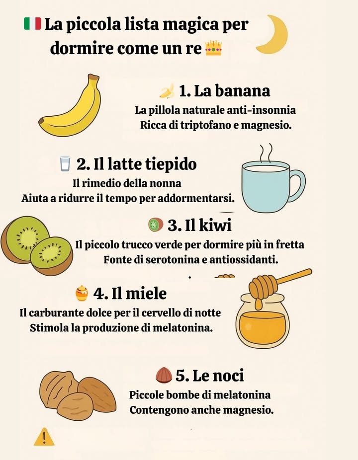 La lista magica per dormire come un re 

 1. Banana
La pillola naturale contro linsonnia.
Ricca di triptofano e magnesio.

拏 2. Latte tiepido
Il rimedio della nonna.
Riduce il tempo necessario per addormentarsi.

諾 3. Kiwi
Il piccolo trucco verde per dormire più velocemente.
Fonte di serotonina e antiossidanti.

 4. Miele
Il carburante dolce per il cervello notturno.
Stimola il rilascio di melatonina.

 5. Noci
Piccole bombe di melatonina, ricche anche di magnesio.

 Consiglio utile:
Mangiare leggero ed evitare caffeina e alcol.
Insieme a buone abitudini, questi alimenti sono ottimi alleati del sonno.