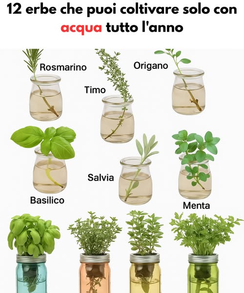 Guida Facile: Coltivare Erbe Aromatiche in Acqua tutto lanno! 
Coltivare erbe fresche a casa è semplice! Con un bicchiere dacqua e un davanzale soleggiato, avrai erbe sempre a portata di mano.
 Vantaggi:
– Nessun disordine
– Facile manutenzione    
– Salva spazio
– Freschezza tutto lanno
 12 Erbe da Coltivare in Acqua:
–  Basilico : 10 cm sotto un nodo; Sole diretto 6h.
–  Menta : 10-12 cm; Sole indiretto.
–  Rosmarino : 15 cm; Sole diretto.
–  Origano : 10 cm; Luce indiretta intensa.
–  Timo : 12 cm; Sole intenso 6h.
–  Melissa : 10 cm; Sole indiretto.
–  Salvia : 10-15 cm; Luce indiretta forte.
–  Coriandolo : Potare spesso; Sole indiretto.
–  Erba Cipollina : Mazzetto in acqua; Luce indiretta.
–  Stevia : Taglio in acqua; Sole 6h.
–  Dragoncello : Taglio in acqua; Sole indiretto.
–  Prezzemolo : 10 cm in acqua; Sole indiretto.
 Consigli:
– Usa talee fresche di 10-15 cm.
– Contenitori trasparenti per controllare le radici.
– Cambia lacqua ogni 3-5 giorni.
– Aggiungi fertilizzante liquido ogni 4-6 settimane.
 Porta freschezza nella tua cucina!
