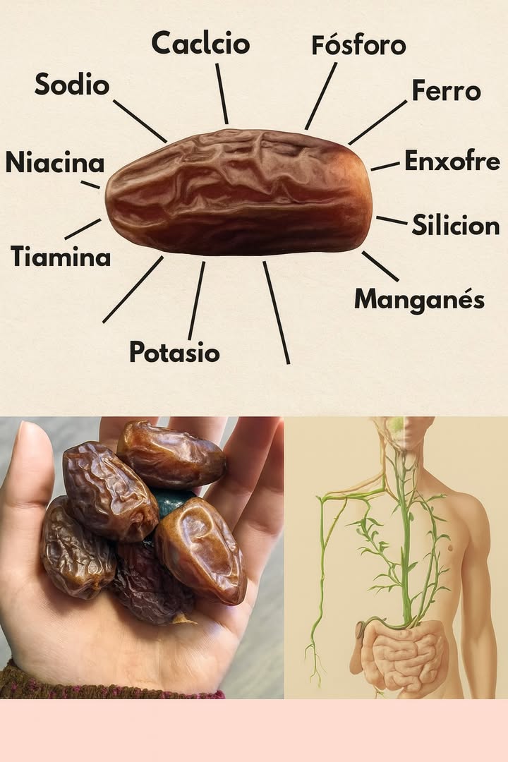 Beneficios Nutricionales de los Dátiles 

1 Minerales esenciales: Contienen calcio, magnesio, fósforo, hierro, sodio, potasio, cobre, manganeso y silicio, fundamentales para huesos, músculos y salud general.
2 Vitaminas importantes: Aportan tiamina y niacina, que contribuyen al buen funcionamiento del sistema nervioso y al metabolismo energético.
3 Energía natural: Son una fuente rápida de energía, ideal para mantener el cuerpo activo durante el día.
4 Apoyo digestivo: Sus nutrientes y fibra favorecen una digestión saludable y el bienestar intestinal.
5 Consumo práctico: Fáciles de incorporar en la dieta diaria, frescos o secos, aportando sabor y nutrición de manera natural.

Los dátiles son un alimento completo, pequeño pero poderoso, que ayuda a mantener la vitalidad y el equilibrio del organismo de forma sencilla y natural.