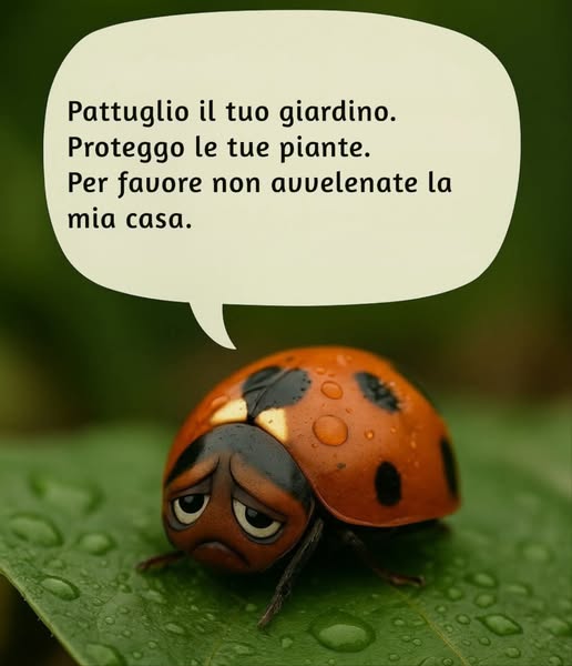 Ogni giorno sono lì  mangiando afidi, proteggendo i tuoi fiori, prendendomi cura delle tue verdure.
Sono uno dei piccoli eroi silenziosi del tuo giardino. 
Ma quando spruzzi sostanze chimiche, non colpisci solo i parassiti: elimini anche i tuoi migliori alleati.
Senza di me e i miei amici ragni, vespe, coleotteri e uccelli, il tuo giardino perde la sua squadra di difesa naturale.
 Scegli invece la via della natura:
 Evita gli spray chimici.
 Dai il benvenuto a coccinelle, ragni e insetti utili.
 Lascia prosperare gli angoli selvatici.
 Affidati allequilibrio naturale per proteggere le tue piante.
Il tuo giardino non ha bisogno di veleni.
Ha bisogno di eroi come noi.