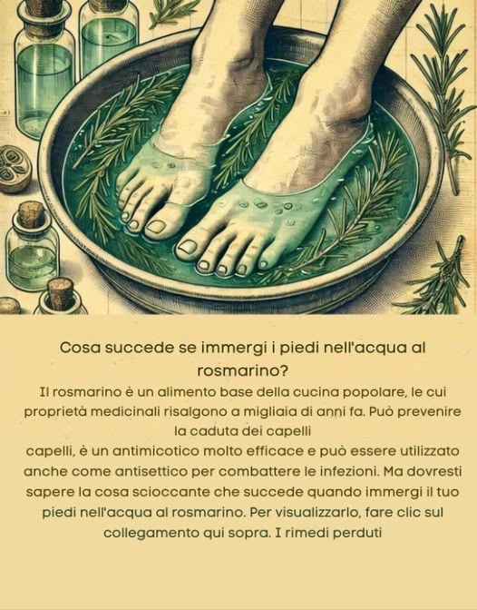 禮 Immergi i Piedi nel Rosmarino: Un Rimedio Naturale Sorprendente 禮  
Il rosmarino non è solo unerba aromatica da cucina, ma anche un valido alleato per il benessere dei piedi e del corpo.  
 Benefici dellinfusione di piedi nel rosmarino:  
 Antifungino e antibatterico naturale  
Grazie allacido carnosico e rosmarinico, combatte funghi come il piede datleta e lonicomicosi, oltre a batteri della pelle.  
 Studi pubblicati su “Phytotherapy Research” lo confermano.  
 Stimola la circolazione  
Un pediluvio caldo al rosmarino migliora il flusso sanguigno, alleviando piedi freddi, gonfiore e stanchezza.  
 Potenzia con sale marino o sali di Epsom.  
 Allevia dolori muscolari e articolari  
Le sue proprietà antinfiammatorie lo rendono ideale per crampi e rigidità. Perfetto dopo una lunga giornata!  
 Rilassa il sistema nervoso  
Il profumo del rosmarino riduce il cortisolo e promuove la calma, rendendolo un ottimo rituale serale.  
 Deodora naturalmente  
Rinfresca ed elimina i batteri causa di cattivi odori, lasciando i piedi puliti e rivitalizzati.  
 Come preparare il pediluvio al rosmarino:  
 2 cucchiai di rosmarino secco o rametti freschi  
 1 litro di acqua calda  
 Lascia in infusione 1015 minuti  
 Immergi i piedi per 20 minuti  
 Facoltativo: aggiungi sale marino o olio essenziale di tea tree.