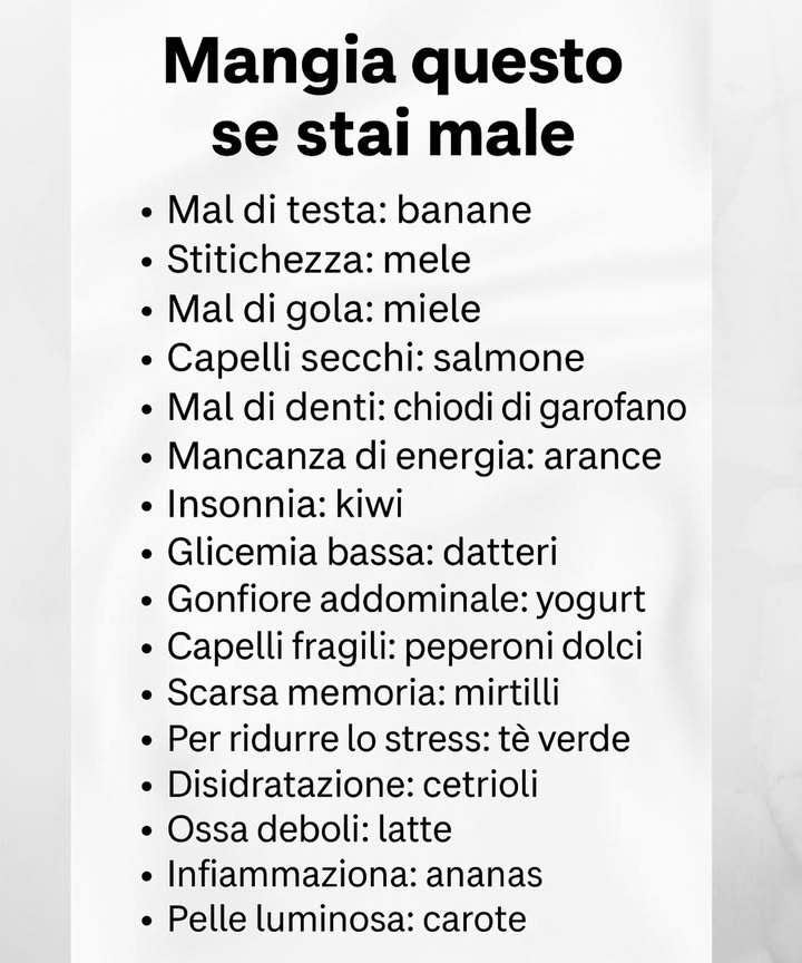 Cosa Mangiare se Non Ti Senti Bene 裸
Rimedi naturali dalla cucina che funzionano davvero!
洛 Mal di testa: Banane  ricche di magnesio, aiutano a ridurre la tensione.
 Stitichezza: Mele  ricche di fibre e pectina, favoriscono lintestino.
 Mal di gola: Miele  lenisce e combatte i batteri.
 Capelli secchi: Salmone  gli omega-3 nutrono cute e capelli.
醴 Mal di denti: Chiodi di garofano  antidolorifico naturale con azione antibatterica.
 Mancanza di energia: Arance  vitamina C per vitalità e difese immunitarie.