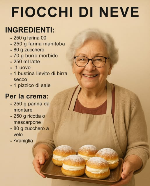 Fiocchi di Neve 說
Ingredienti:
 250 g farina 00
 250 g farina manitoba
 80 g zucchero
 70 g burro morbido
 250 ml latte
 1 uovo
 1 bustina lievito di birra secco
 1 pizzico di sale
Per la crema:
 250 g panna da montare
 250 g ricotta o mascarpone
 80 g zucchero a velo
 Vaniglia
Preparazione:
1. Impasta farine, zucchero, latte tiepido con lievito, uovo e burro; aggiungi il sale e lavora fino a ottenere un impasto liscio.
2. Lascia lievitare 2-3 ore. Forma palline e cuoci a 180C per 20 min.
3. Monta la panna con ricotta o mascarpone, zucchero a velo e vaniglia.
4. Farcisci le briochine fredde con la crema e spolvera di zucchero a velo.
Soffici, golose e irresistibili!  Buon appetito!