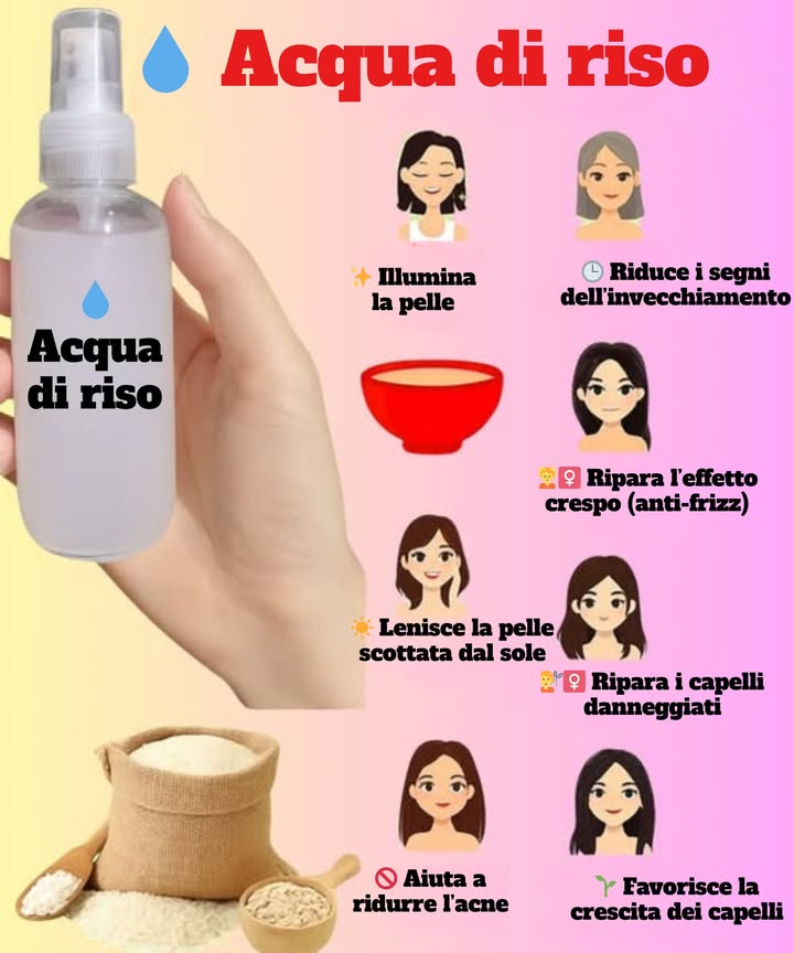 Acqua di Riso Fatta in Casa: il tonico naturale che la tua pelle e i tuoi capelli adoreranno 
Semplice, economica e ricca di benefici 

蓼 Ingredienti:
 Acqua 
 Riso la quantità che preferisci 

 Procedimento:

Lava bene il riso.

Mettilo in una ciotola e coprilo con acqua almeno due dita sopra il livello del riso.

Lascia in ammollo per 1530 minuti.

Filtra e conserva lacqua in una bottiglia pulita.

Applica con un dischetto di cotone o direttamente come tonico.

Conserva in frigorifero.

Si conserva per circa 1 settimana.

 Benefici principali:
 Idrata, tonifica e ammorbidisce
 Illumina e riduce le macchie
 Minimizza i pori e controlla il sebo
 Effetto opacizzante immediato
 Antietà e antiacne
 Rinforza anche i capelli!

林 Ideale per pelle grassa, punti neri, acne e un tocco di luce naturale senza sforzo!
